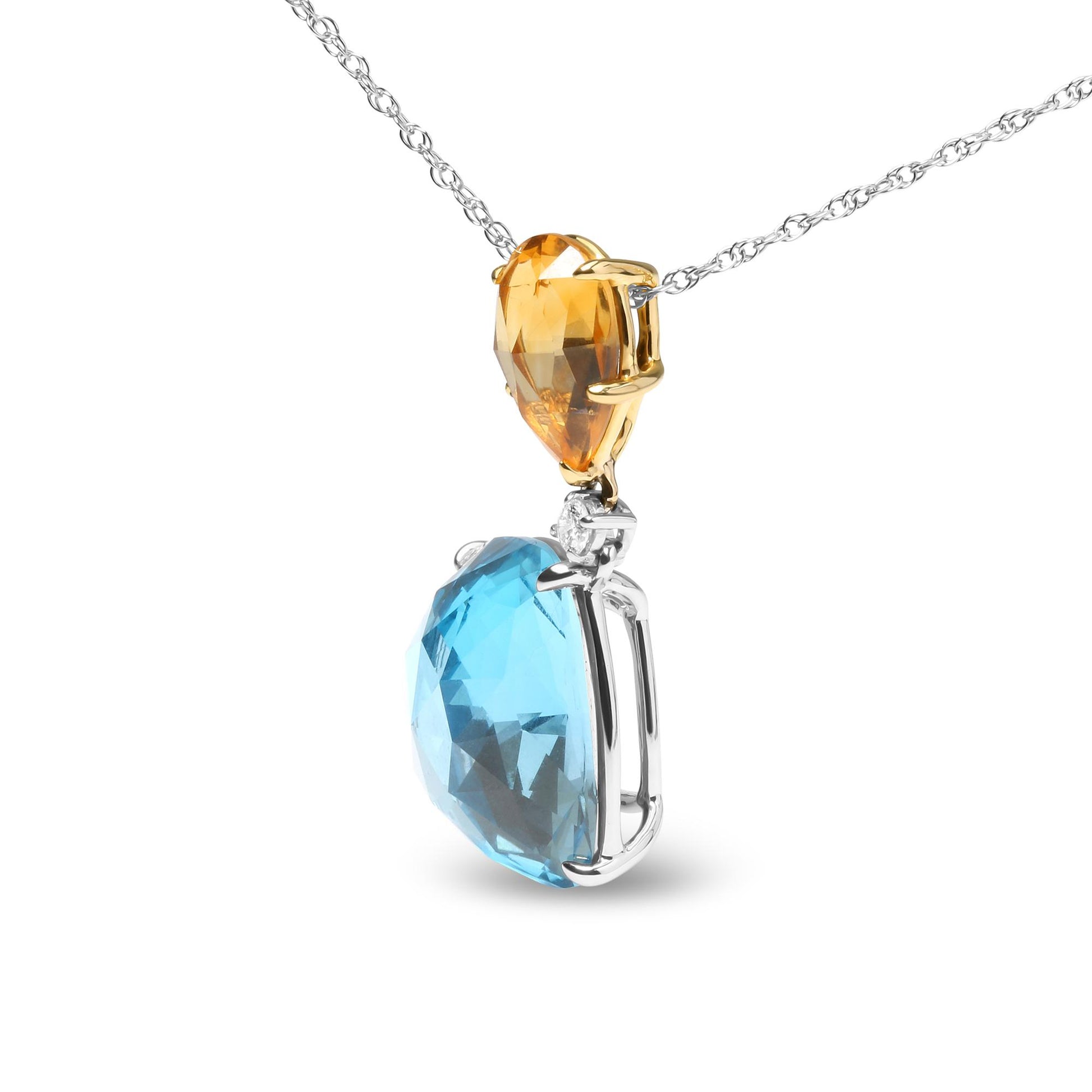 Close-up side angle of a two-tone necklace pendant featuring a yellow pear-shaped gemstone set in yellow metal above a large blue cushion-shaped gemstone set in white metal, accented by a small round white gemstone between them.