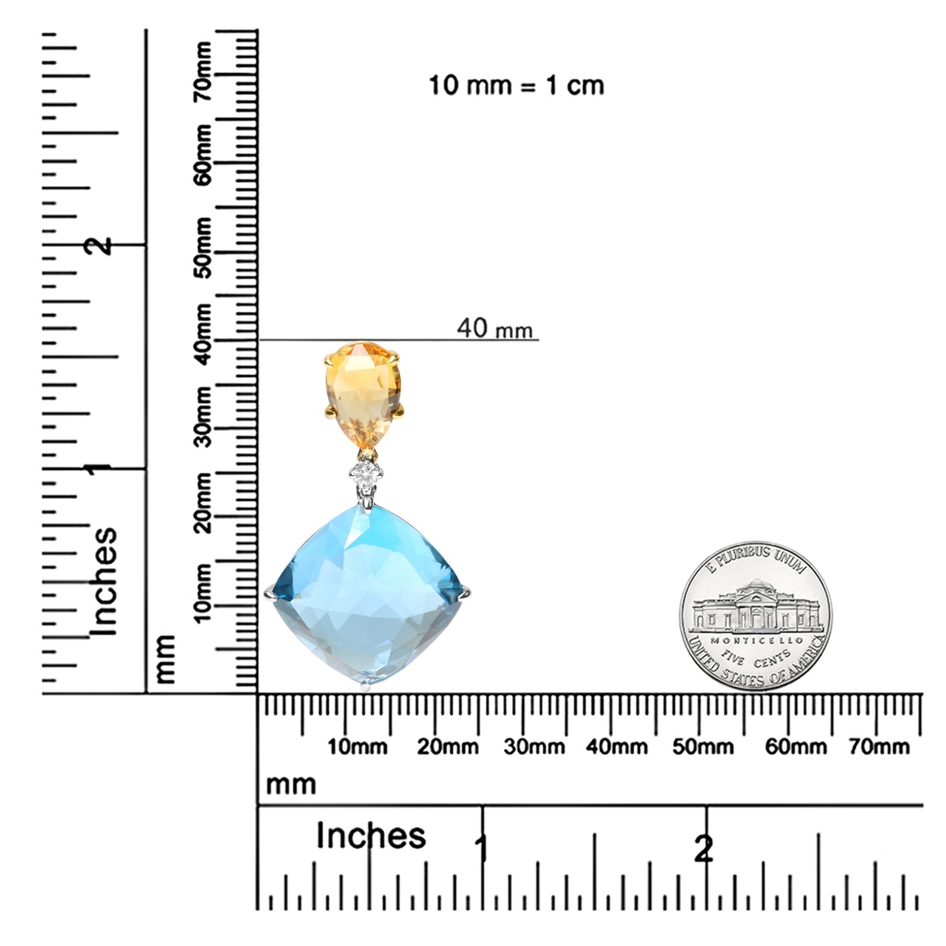 Pendant necklace with a yellow pear-shaped gemstone above a large blue cushion-shaped gemstone and a small round white gemstone in between, shown on a ruler for size reference, front angle.