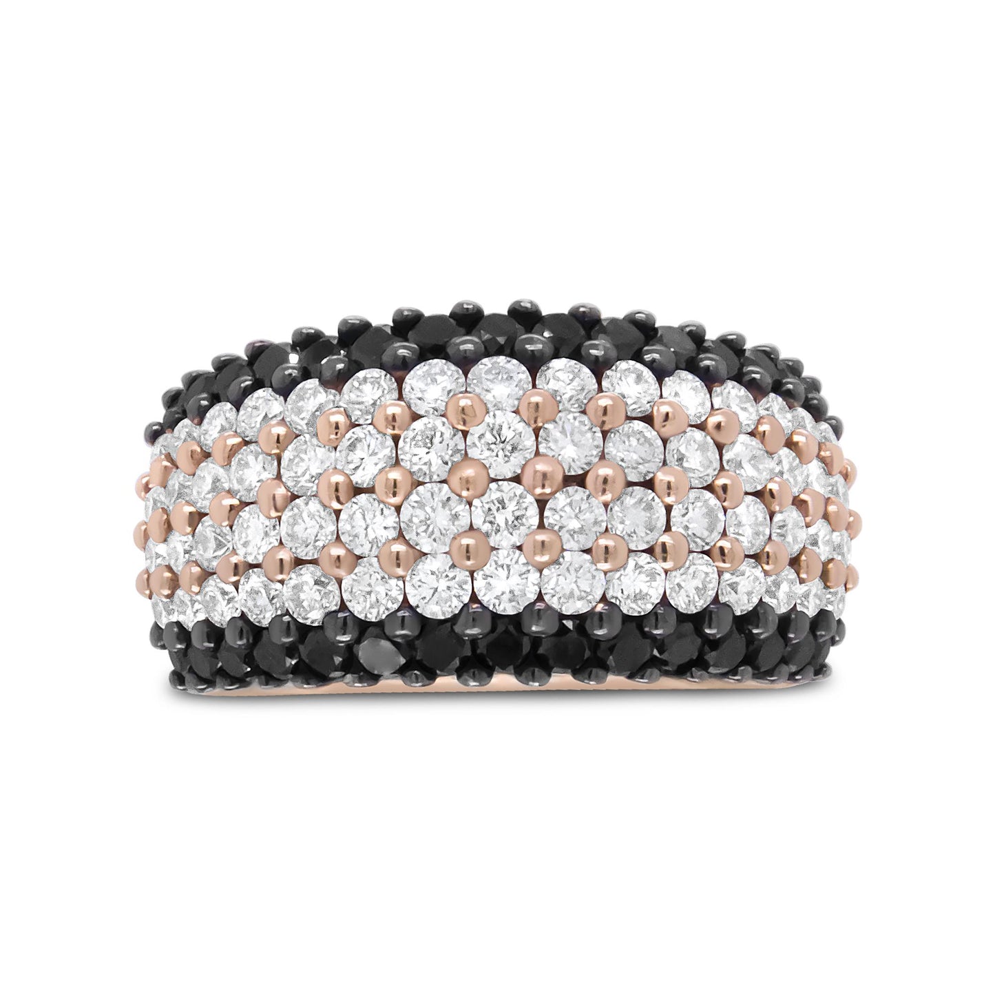Close-up front view of a rose-colored ring featuring alternating rows of round white and black gemstones in prong settings.