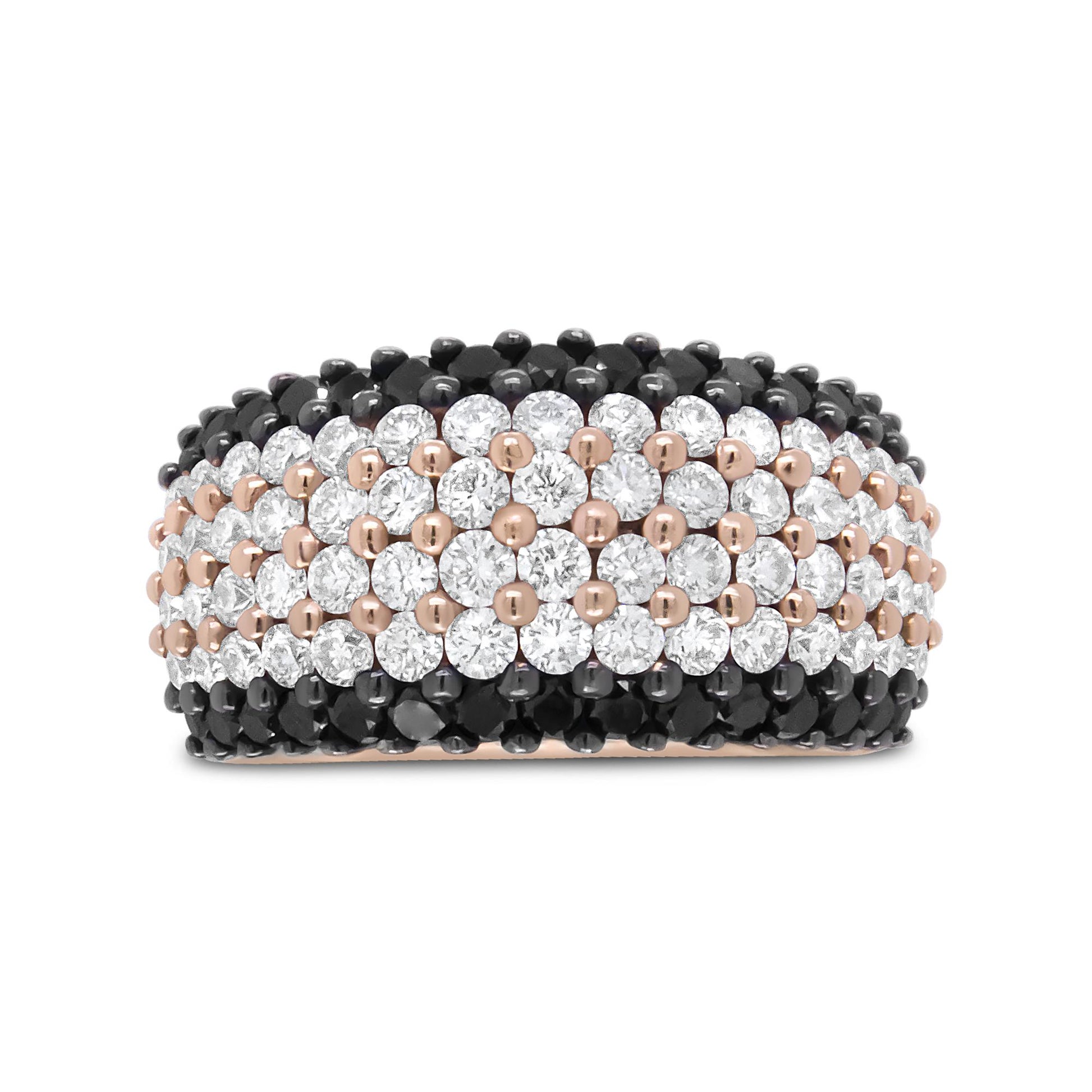 Close-up front view of a rose-colored ring featuring alternating rows of round white and black gemstones in prong settings.