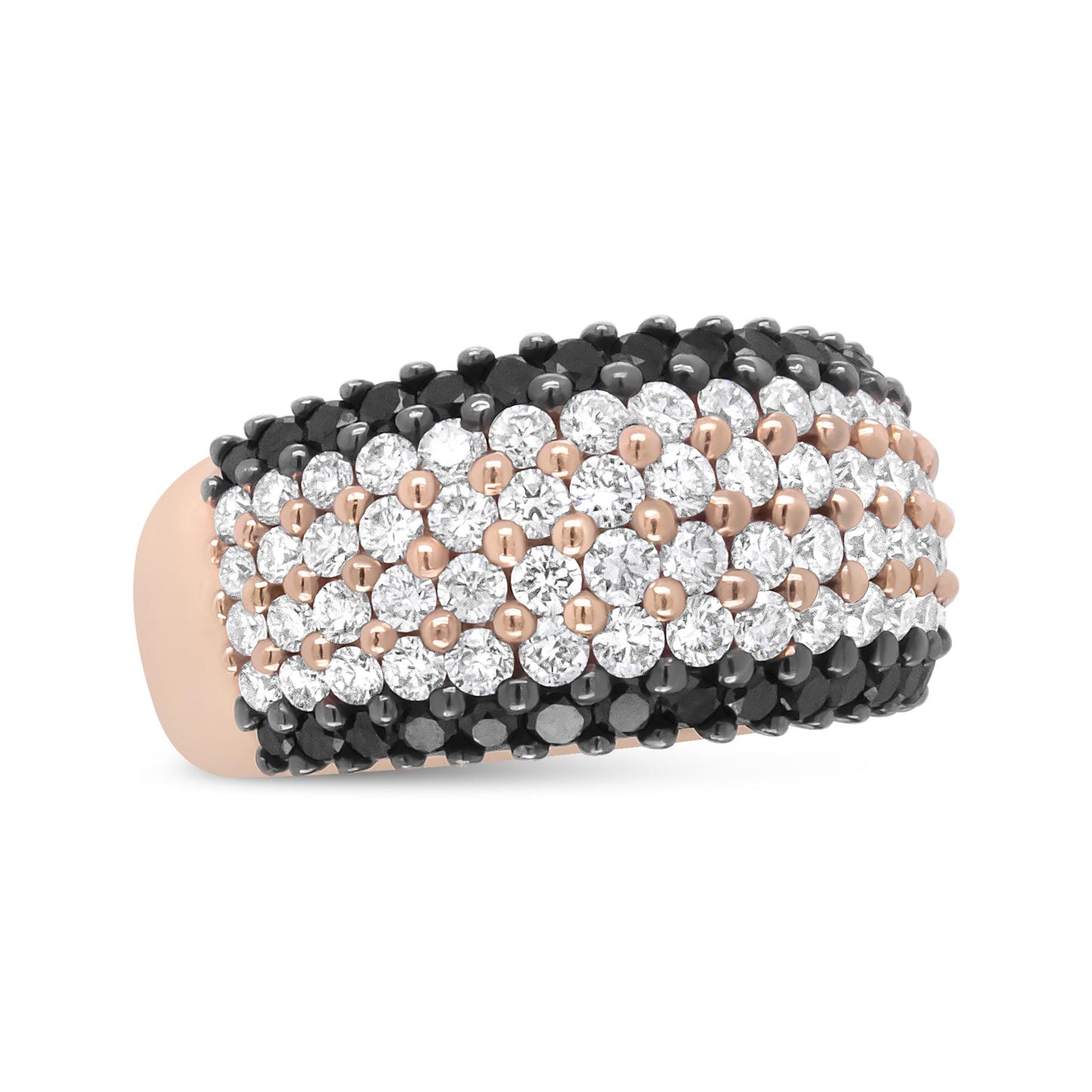 Close-up of a rose metal ring with multiple rows of round white and black gemstones set in prongs, shown at a slight angle.