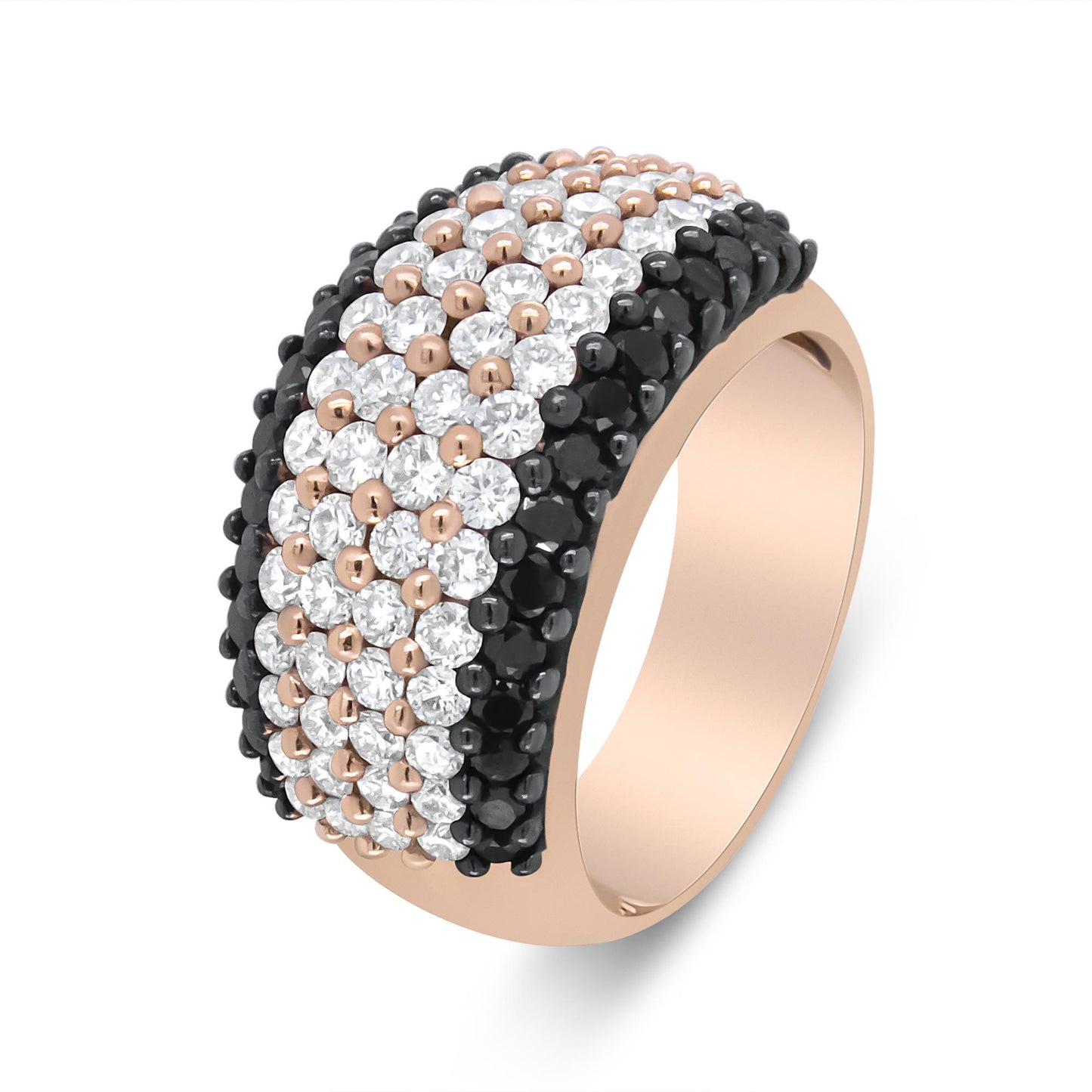Rose-colored ring with rows of round white and black gemstones in prong settings, shown at an angled top view.