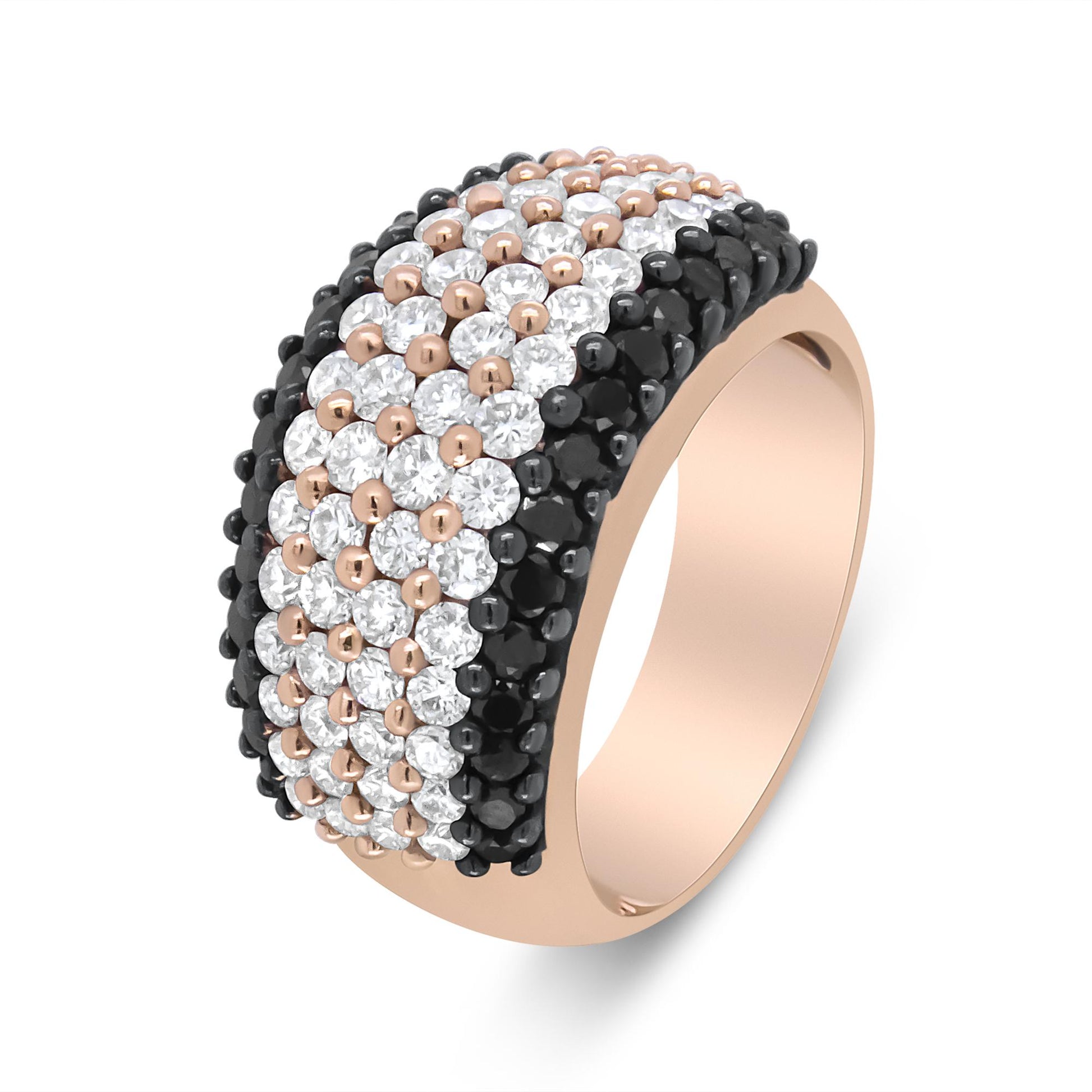 Rose-colored ring with rows of round white and black gemstones in prong settings, shown at an angled top view.