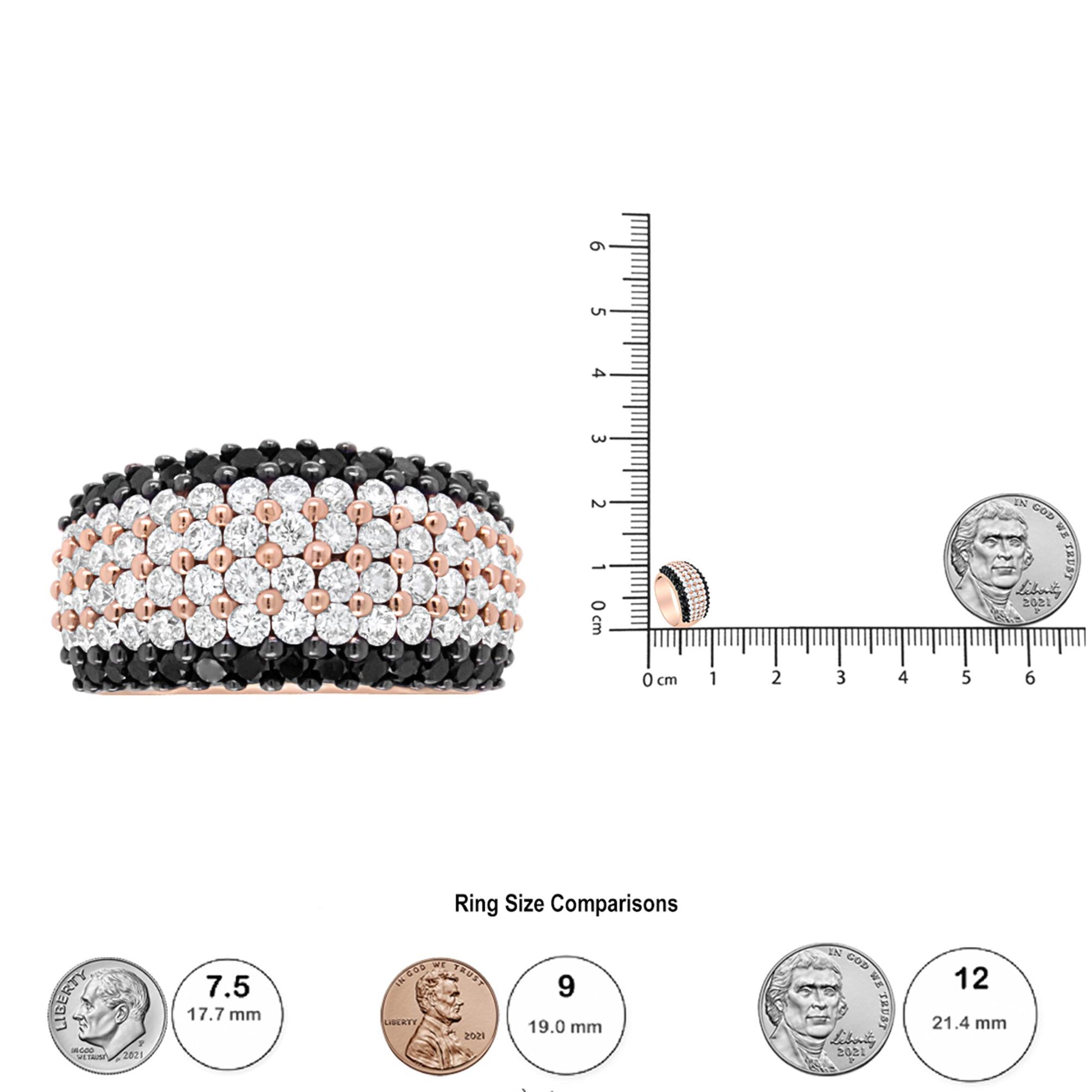 Rose-colored ring with alternating rows of round white and black gemstones in prong settings, shown from the front and side on rulers and next to coins for size reference.