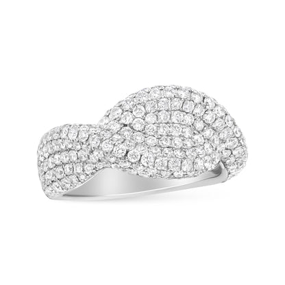 Close-up side angle of a white metal ring featuring rows of round white gemstones in pave and prong settings creating an intertwined design.