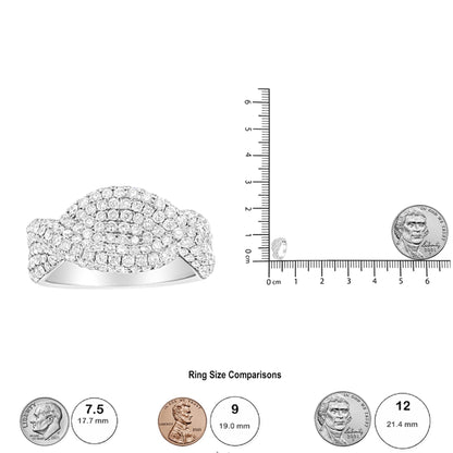 White ring with intertwined design featuring round white gemstones in pave and prong settings, shown from the front with a ruler and coins for size reference.