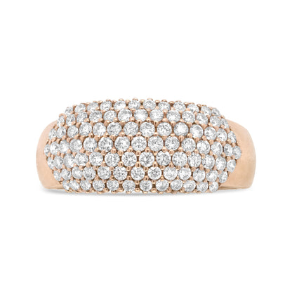 Front-facing close-up of a rose metal ring with multiple rows of round white gemstones in pave setting.