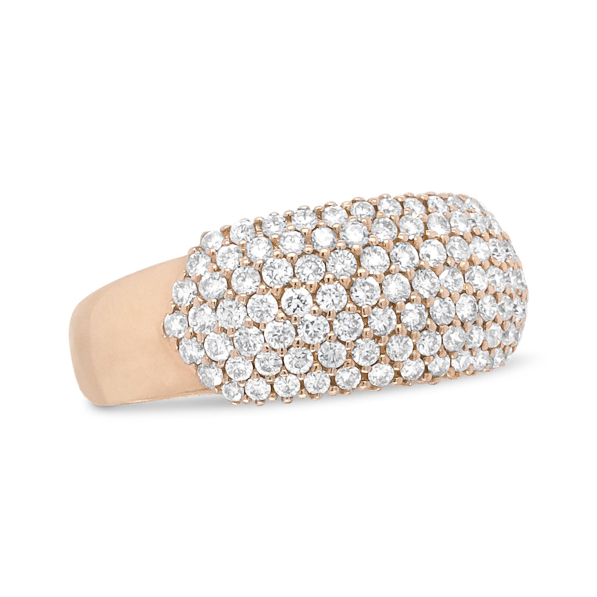 Close-up side angle of a rose-colored ring with multiple rows of round white gemstones in a pave setting covering the top surface.