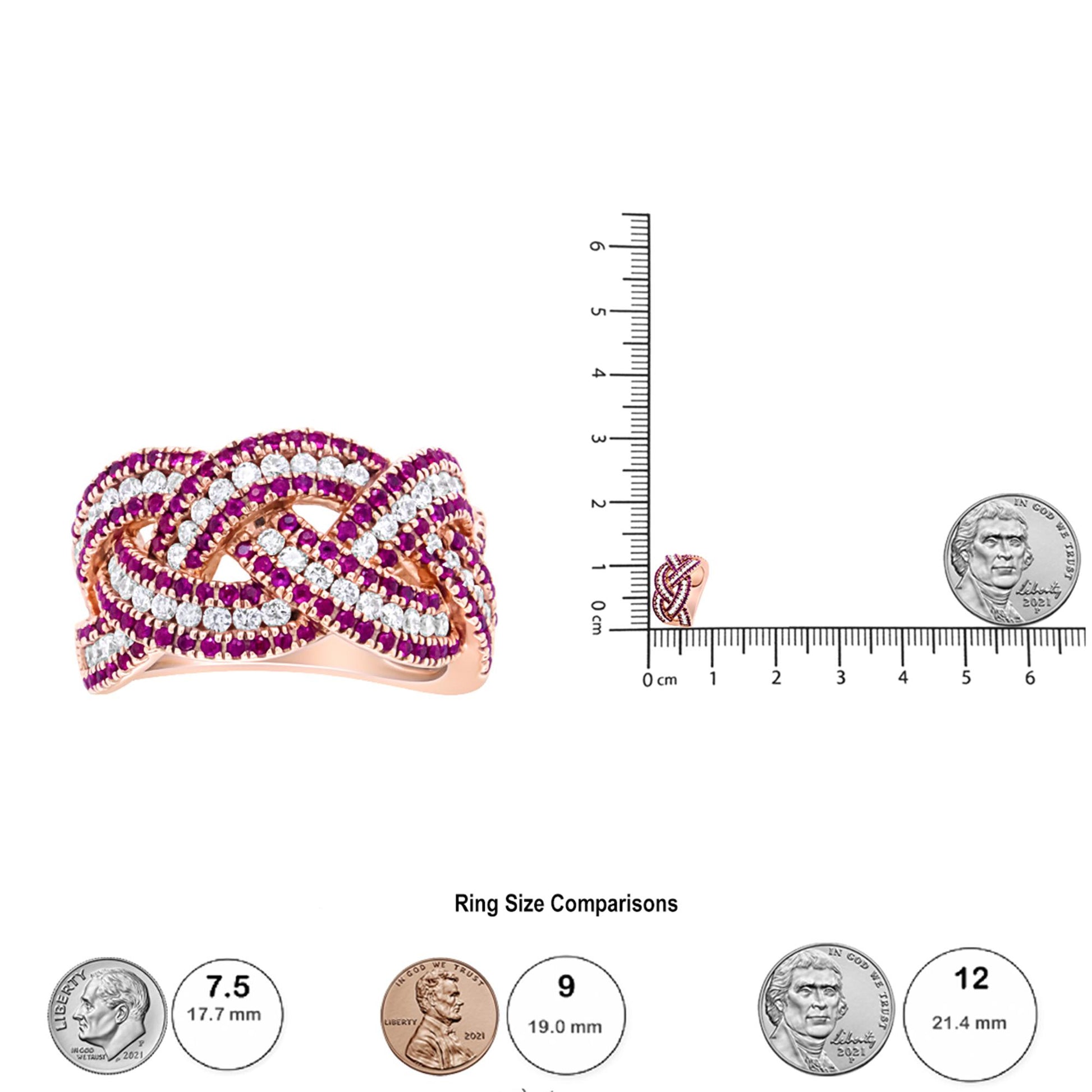 Rose metal ring with intertwined rows of red and white round gemstones in prong settings, shown from a front angle and placed on a ruler for size reference alongside coins.