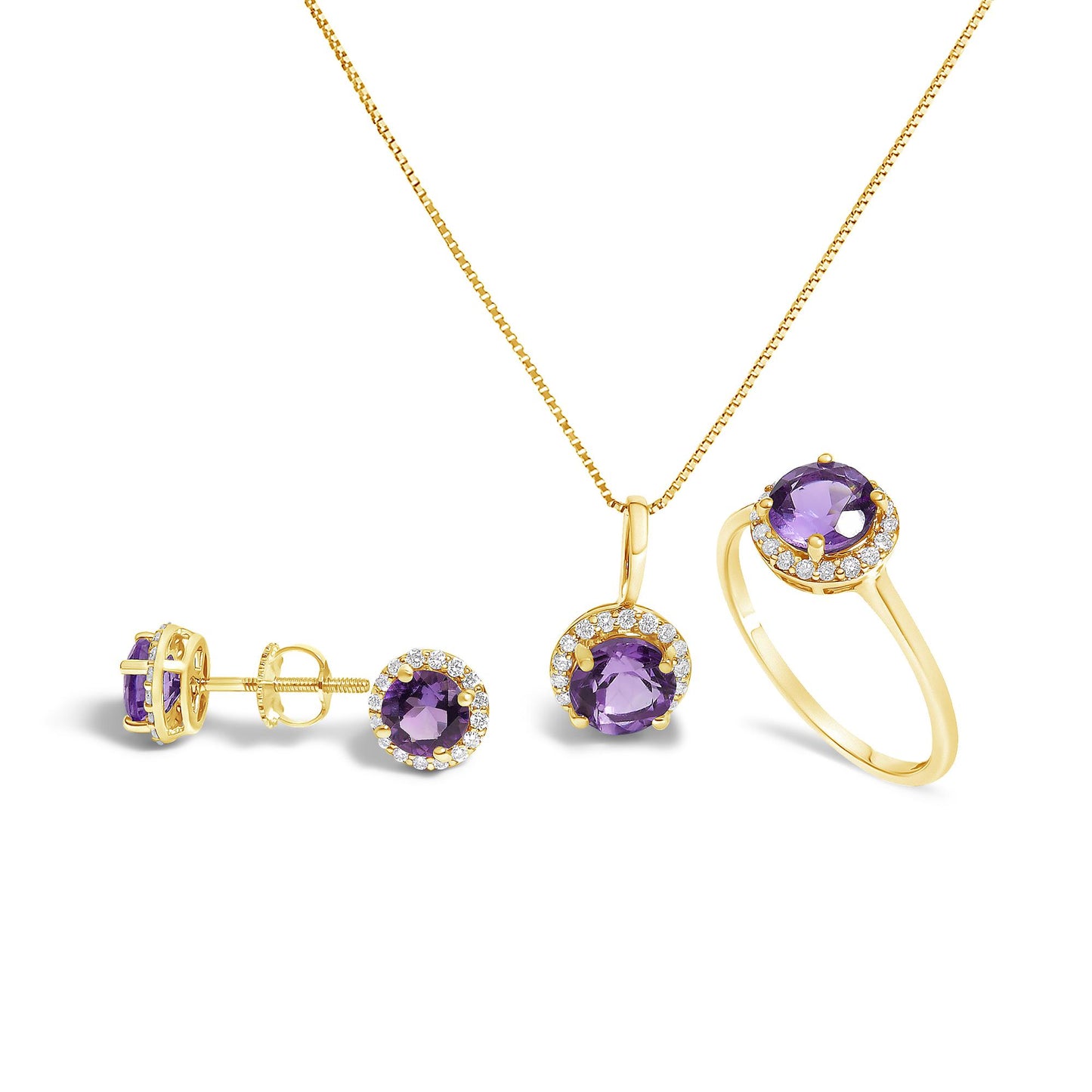 Set of yellow metal jewelry including a pendant necklace, ring, and stud earrings with round purple gemstones surrounded by small white gemstones, shown from a front angle on a white background.