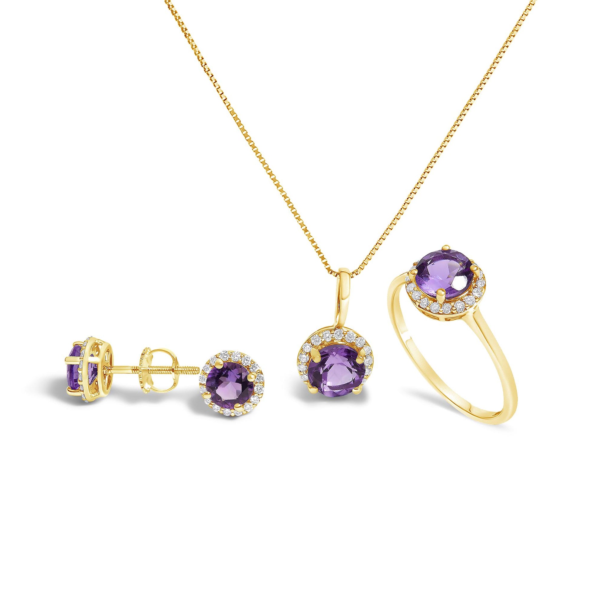 Set of yellow metal jewelry including a pendant necklace, ring, and stud earrings with round purple gemstones surrounded by small white gemstones, shown from a front angle on a white background.