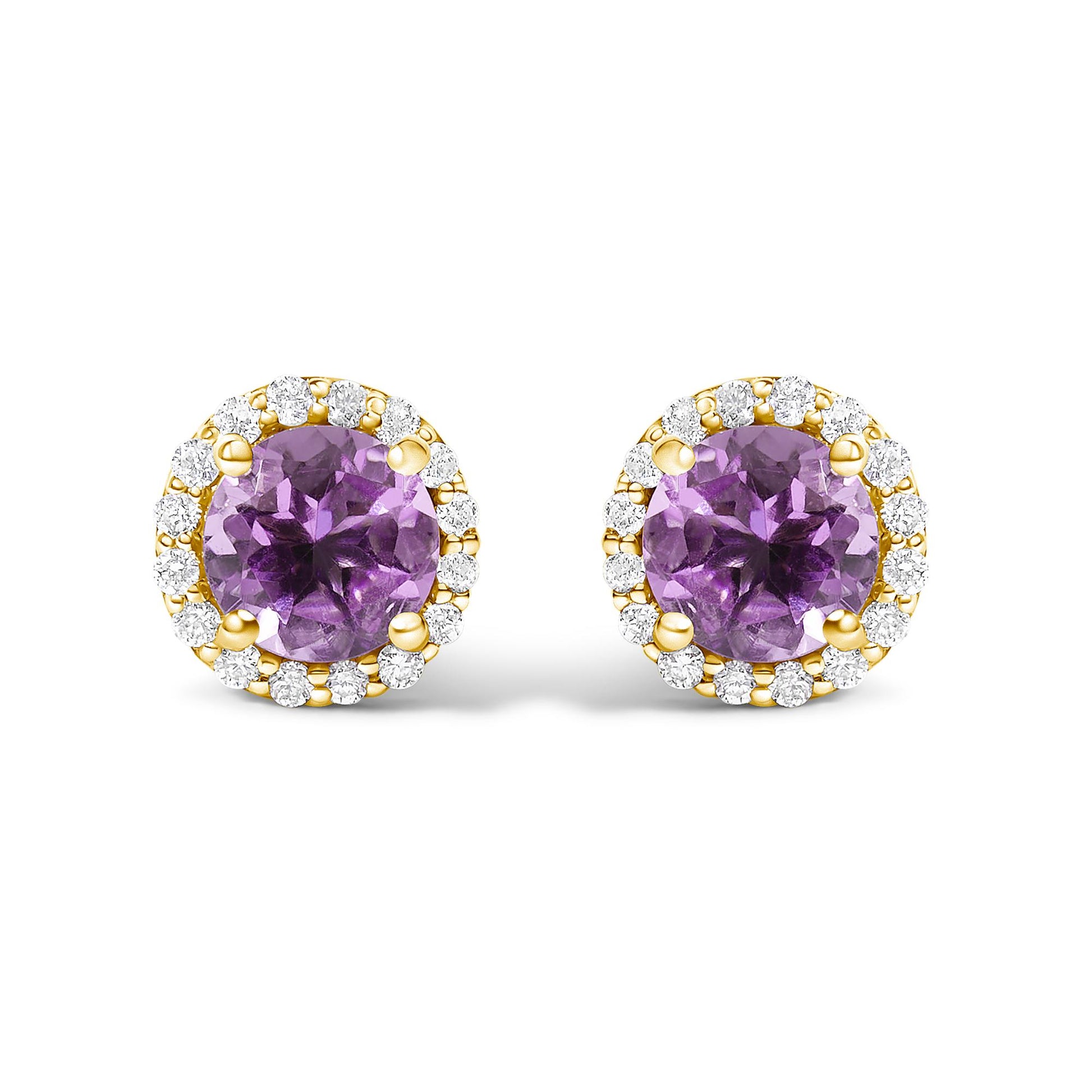 Pair of round purple gemstone stud earrings surrounded by a halo of white round gemstones in shared prong settings, shown in a front-facing view on a white background.