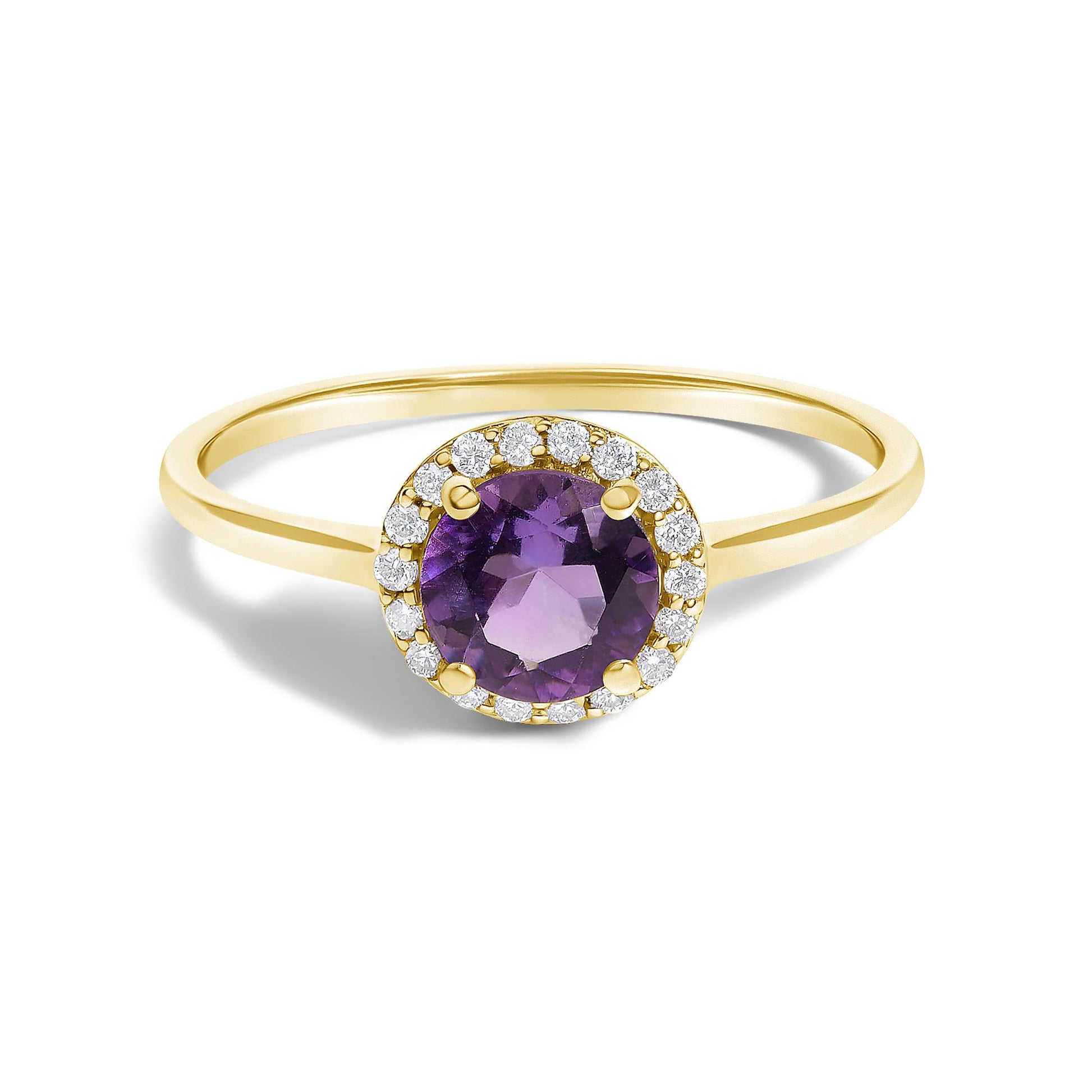 Close-up front angle of a yellow metal ring set with a round purple gemstone in the center, surrounded by small round white gemstones in a shared prong setting.