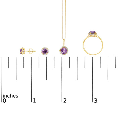 Jewelry set shown on a scale, includes round purple gemstone stud earrings with side and front views, a matching pendant necklace viewed from the front, and a ring viewed from the top and side, all with surrounding small white gemstones in a shared prong setting and yellow metal.