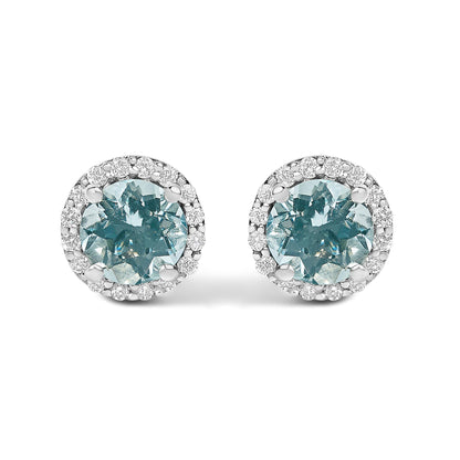 Pair of round stud earrings shown from the front, each featuring a central blue gemstone surrounded by a circle of small white gemstones, set in white metal.