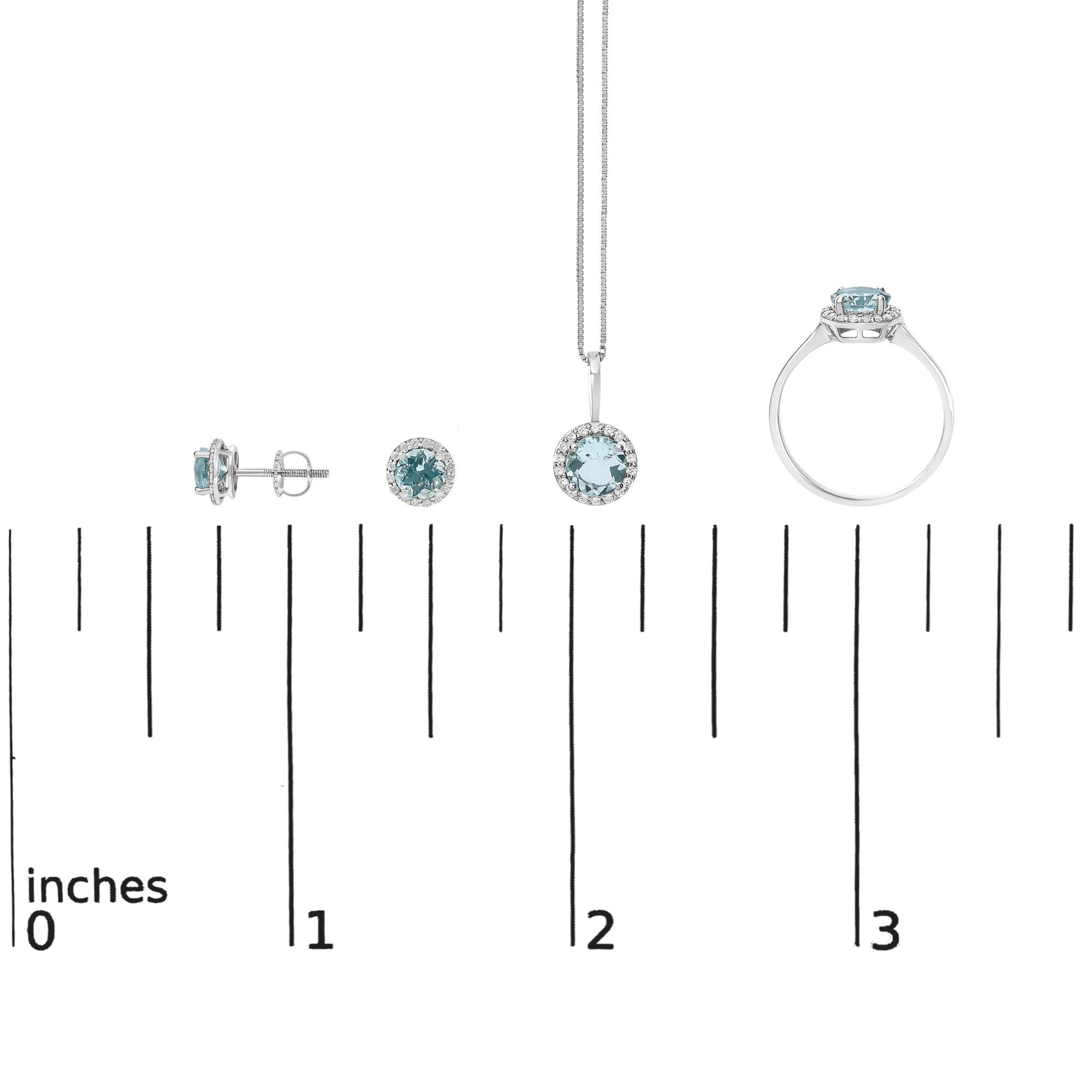 Set of earrings, pendant, and ring with round blue gemstones surrounded by white gemstones, shown on a scale, front and side angles.