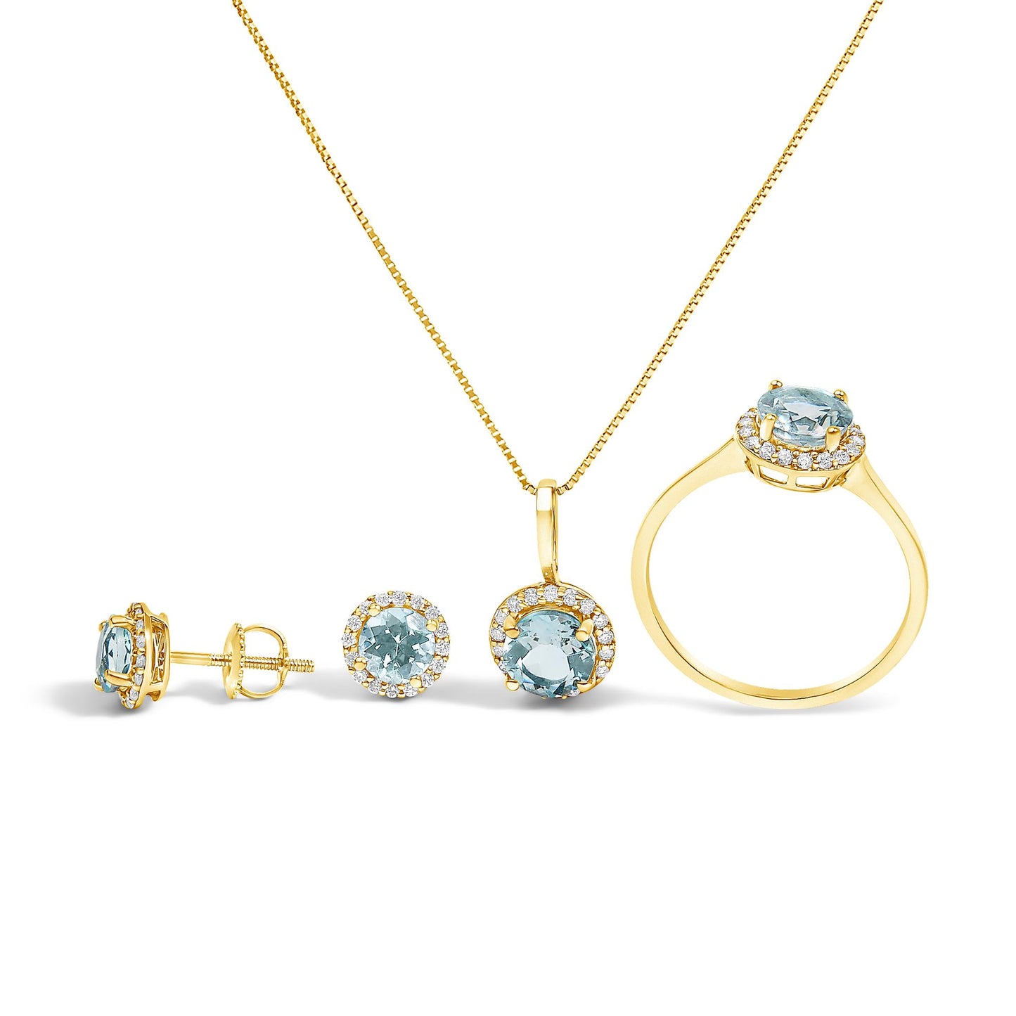 Set of yellow metal jewelry with a ring, pendant necklace, and earrings, each featuring round blue gemstones surrounded by small white gemstones, shown from a front and side angle on a white background.