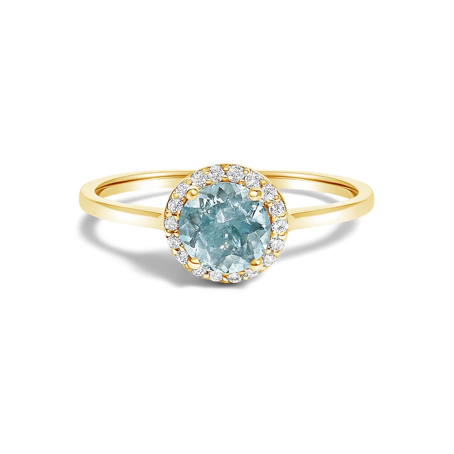 Close-up front view of a yellow metal ring featuring a round blue gemstone in a four-prong setting, surrounded by small round white gemstones in a shared prong setting.