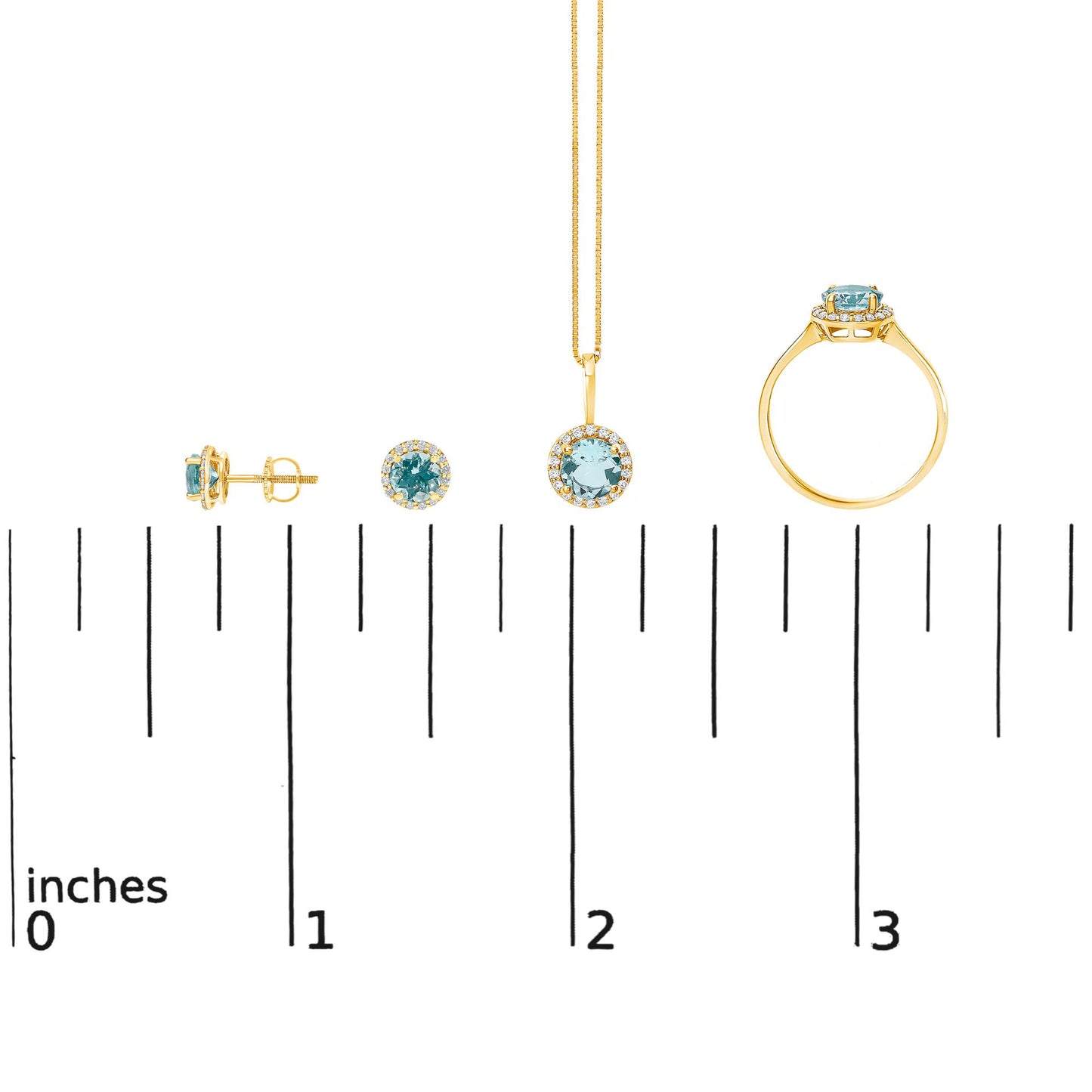 Jewelry set shown on a scale, including round blue gemstone stud earrings, a matching pendant necklace with surrounding white gemstones, and a ring with a round blue gemstone and surrounding white gemstones, all in yellow metal, displayed from side, front, and top angles.