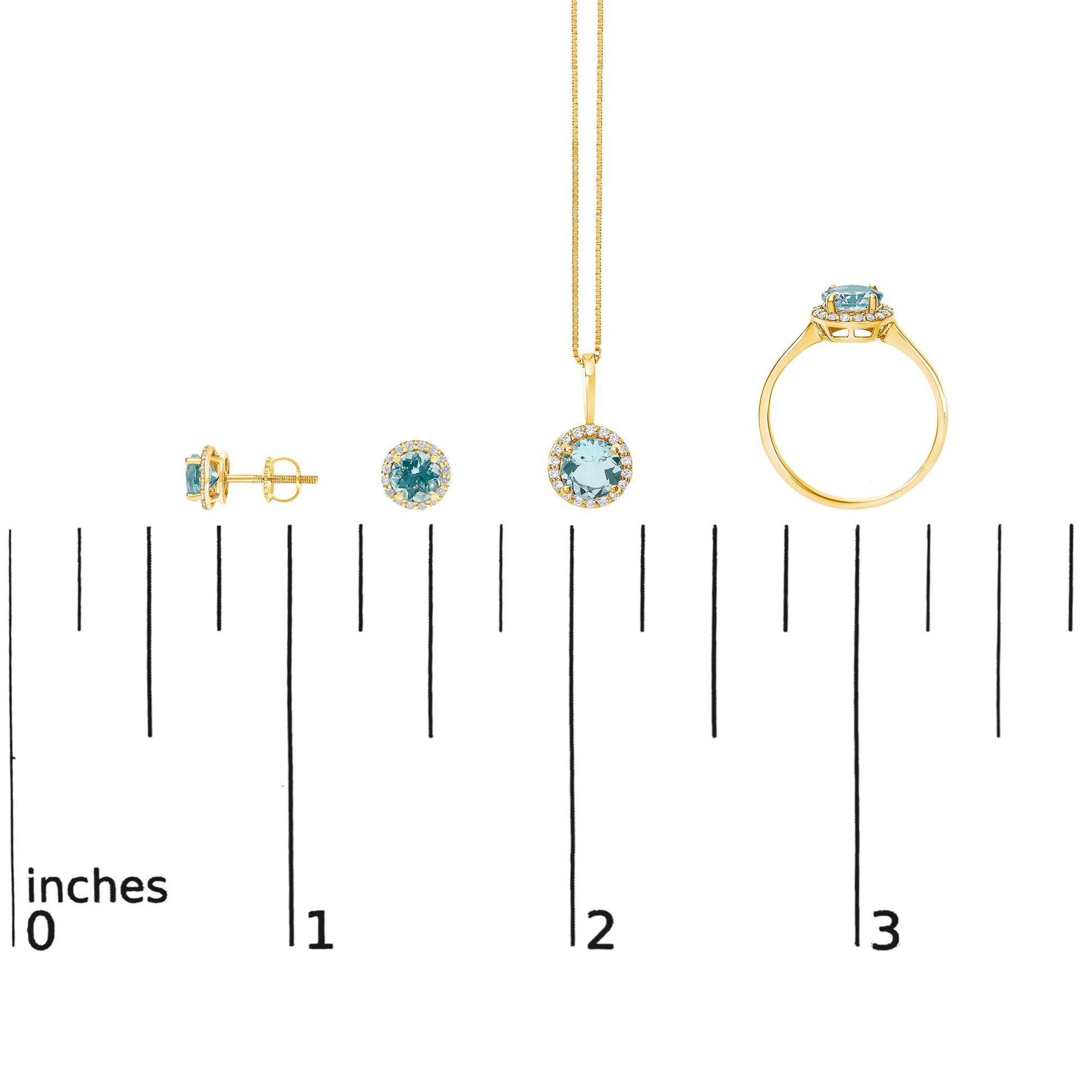 Jewelry set shown on a scale, including round blue gemstone stud earrings, a matching pendant necklace with surrounding white gemstones, and a ring with a round blue gemstone and surrounding white gemstones, all in yellow metal, displayed from side, front, and top angles.