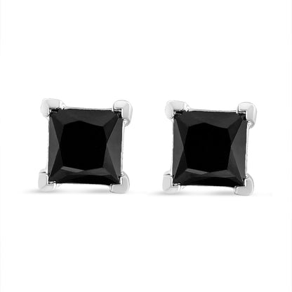 Front view of white metal stud earrings with black square-shaped gemstones set in a four-prong setting.