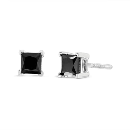Pair of white metal stud earrings with black square-shaped gemstones in four-prong settings, shown from front and side angles.