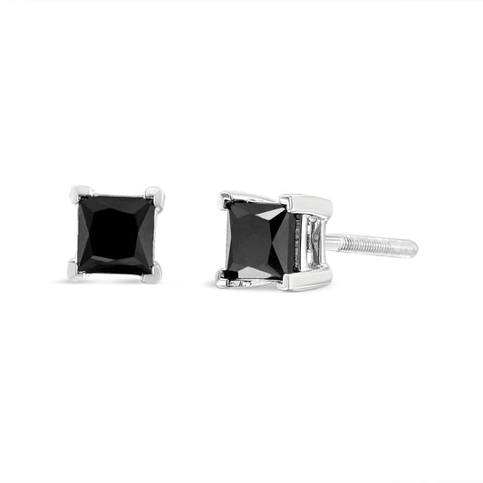 Pair of white metal stud earrings with black square-shaped gemstones in four-prong settings, shown from front and side angles.