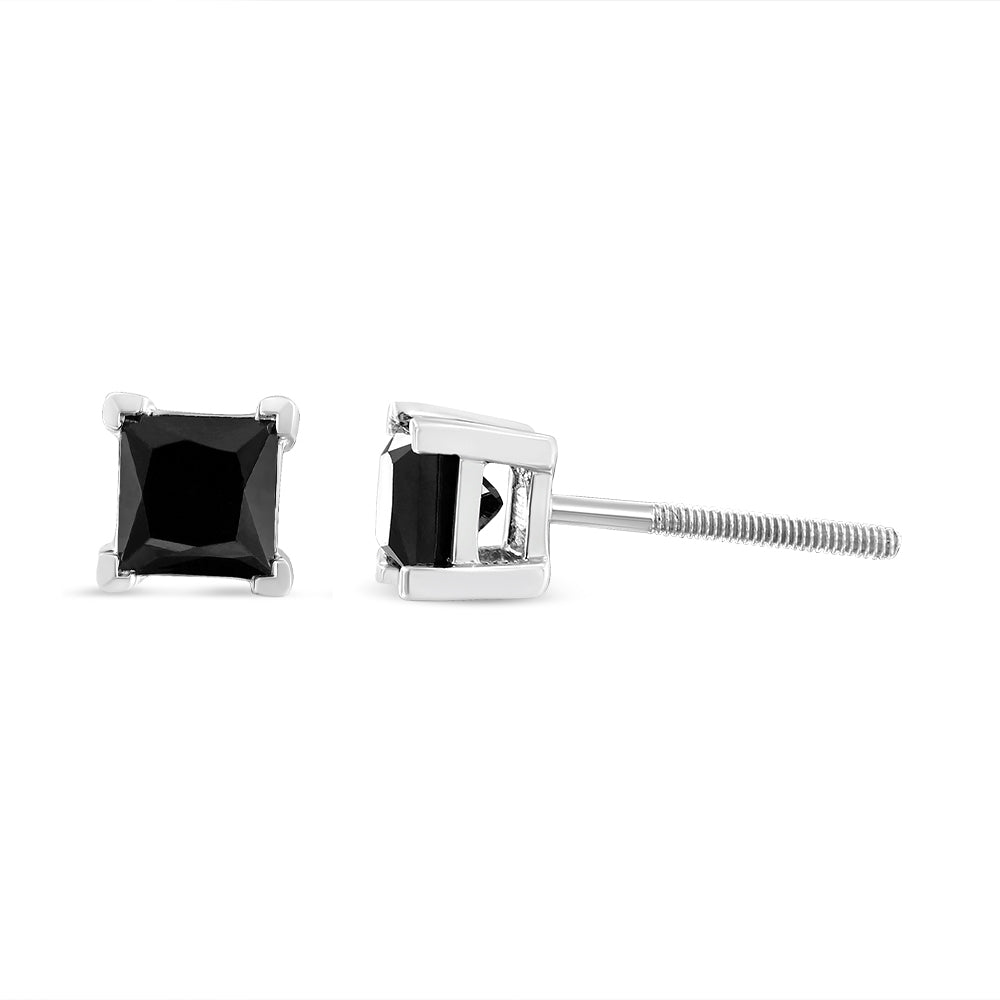 Close-up side and front view of white metal stud earrings with square black gemstones in 4-prong settings.