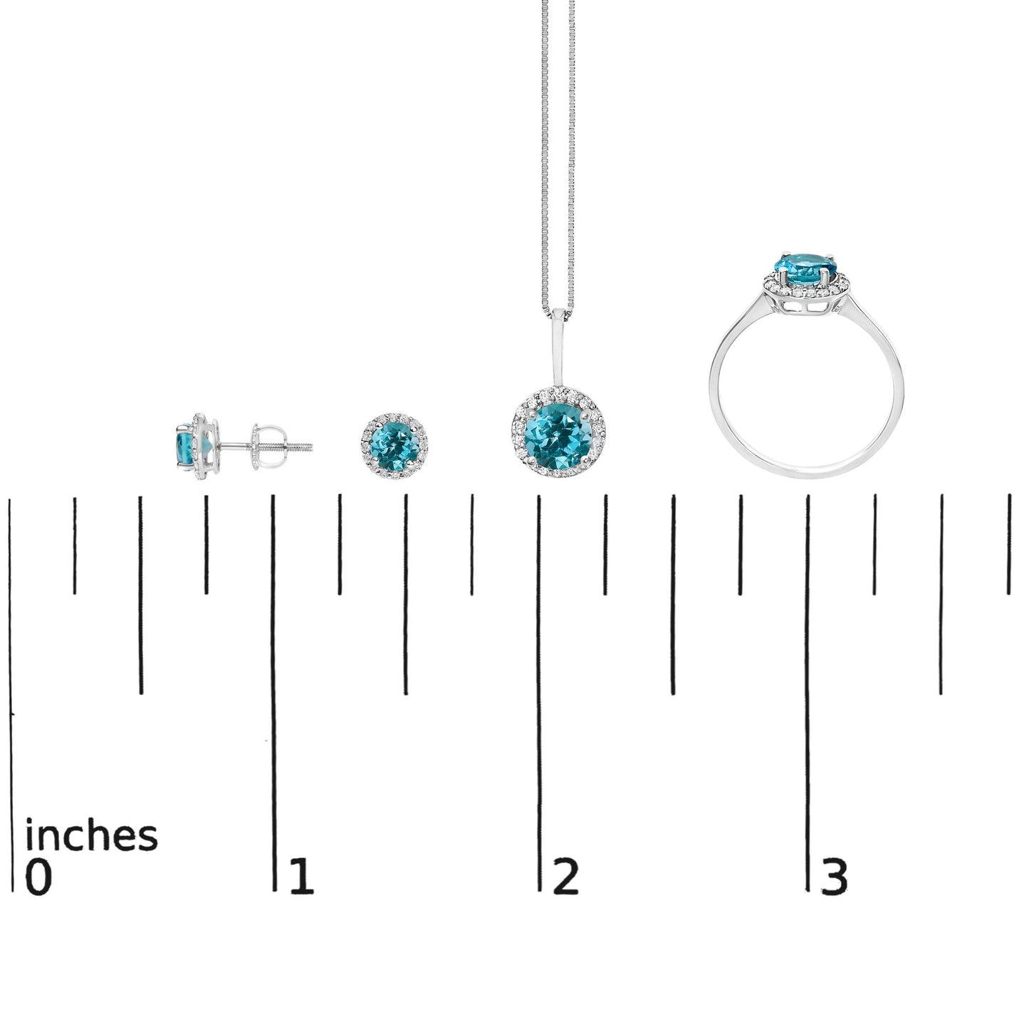 Jewelry set with stud earrings, a pendant necklace, and a ring, each featuring round blue gemstones surrounded by small white gemstones, shown on a ruler scale from a front and side angle.