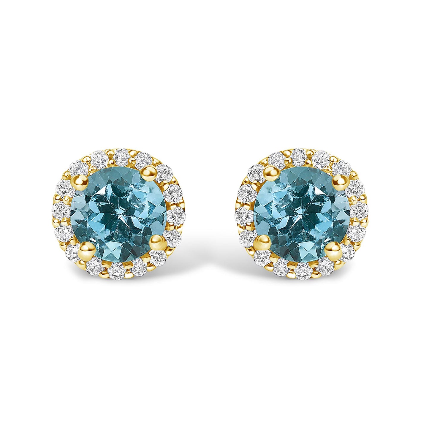 Pair of round blue gemstone stud earrings surrounded by small white gemstones in a shared prong setting, shown at a front angle on a white background.