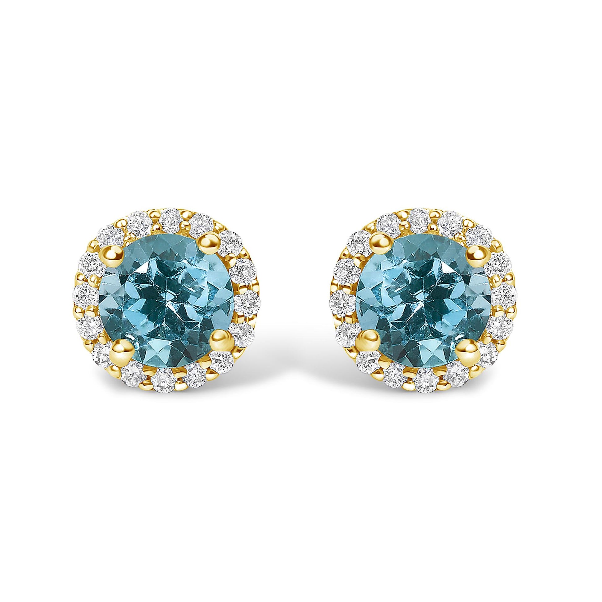 Pair of round blue gemstone stud earrings surrounded by small white gemstones in a shared prong setting, shown at a front angle on a white background.