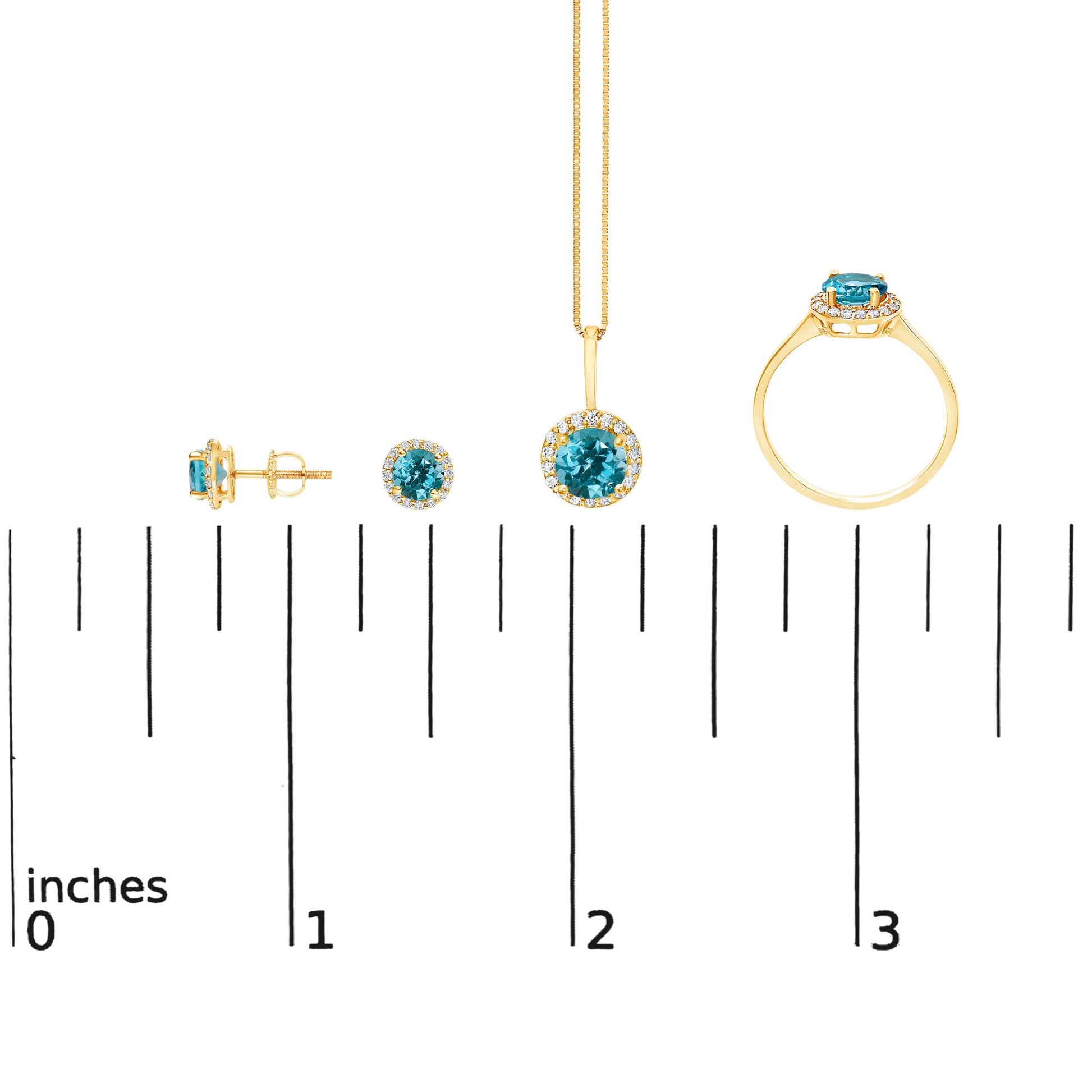Jewelry set shown on a scale includes a pair of stud earrings, a pendant necklace, and a ring, all featuring round blue gemstones surrounded by small white gemstones, set in yellow metal, shown from front and side angles.