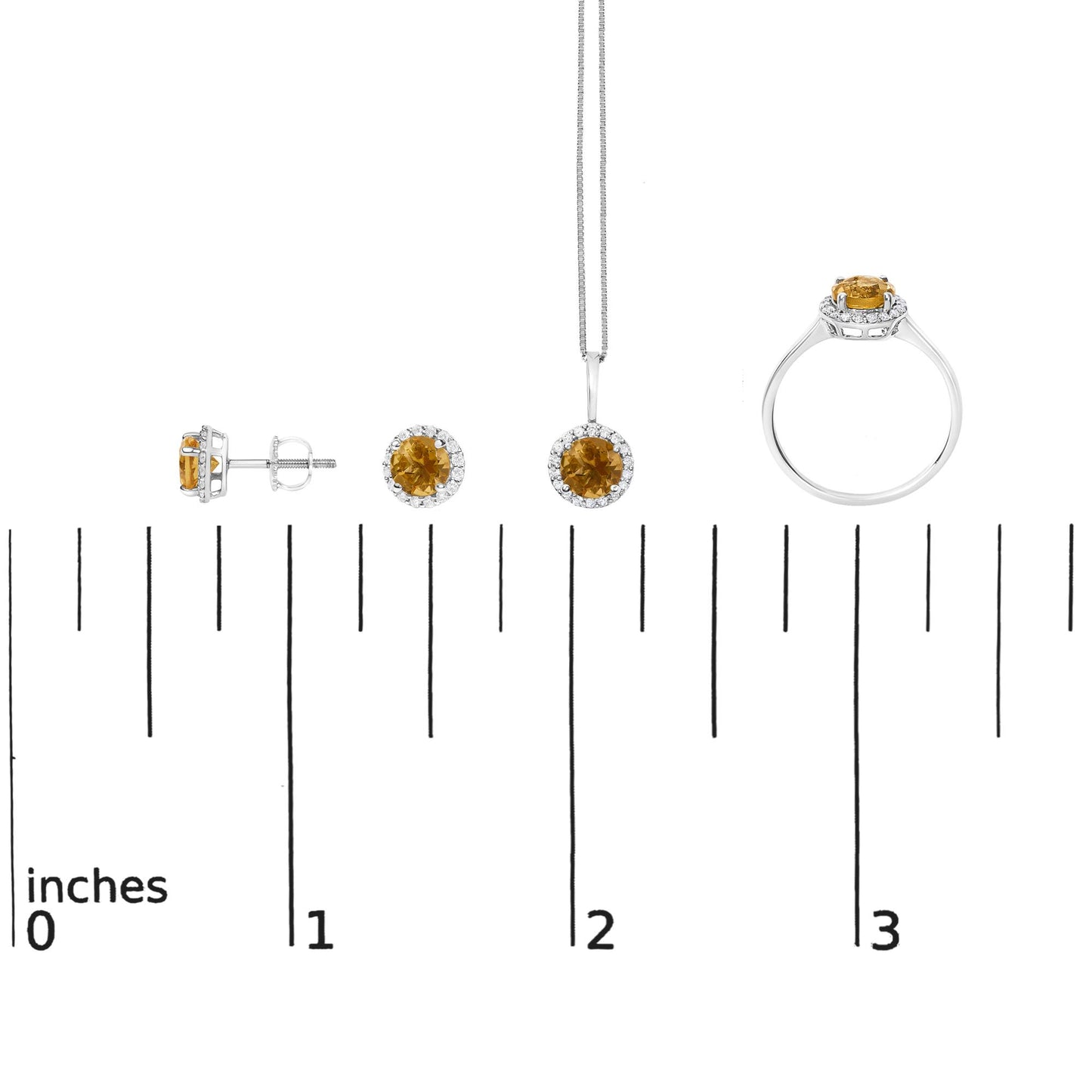 Jewelry set with round orange gemstones surrounded by white gemstones in a white metal setting, including stud earrings, a pendant necklace, and a ring, shown on a scale.