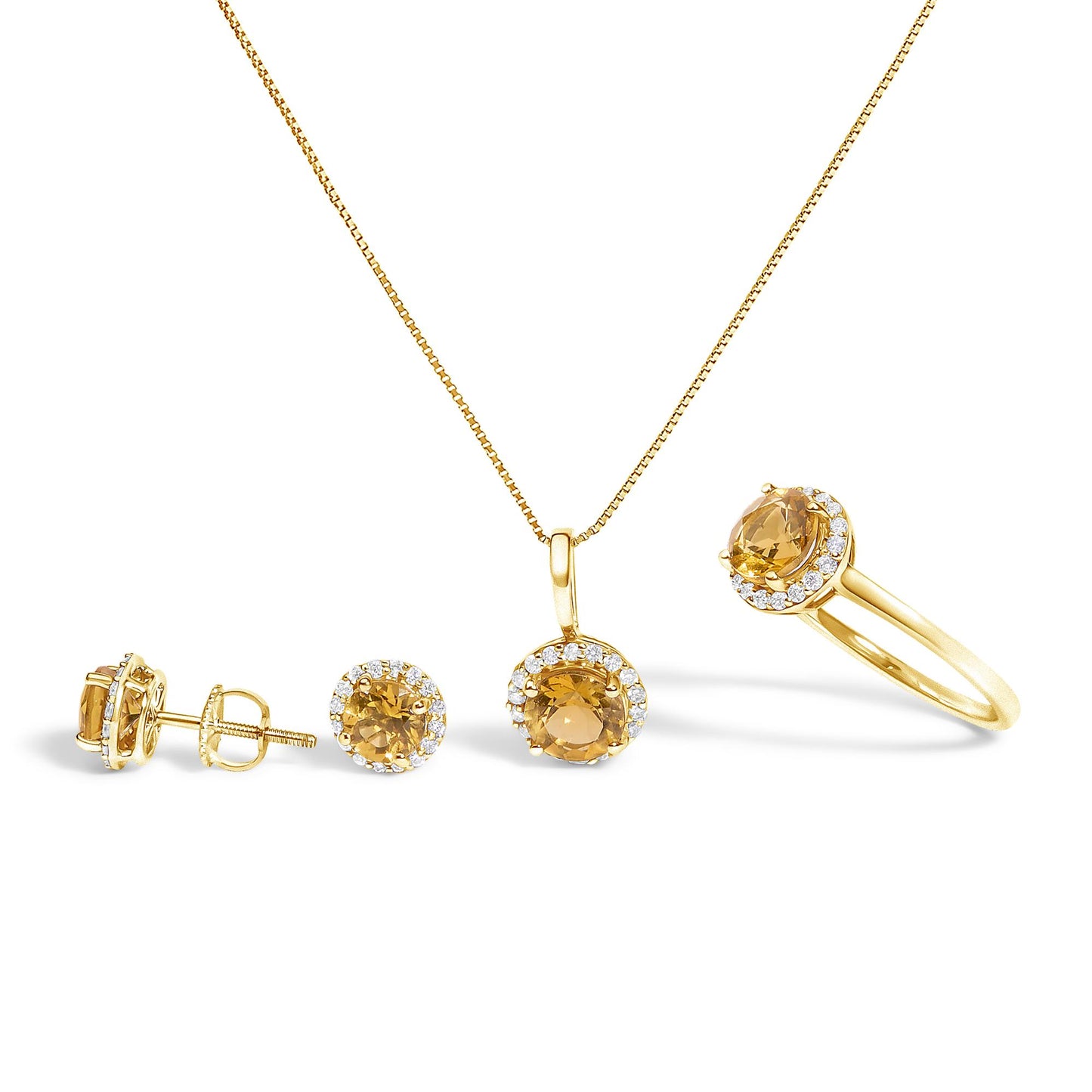 Set of jewelry including a pair of stud earrings, a pendant necklace, and a ring, all shown from a front angle on a white background. Each piece features a central round orange gemstone surrounded by small round white gemstones in a shared prong setting, mounted on yellow metal. The earrings are displayed with one facing forward and one in a side profile showing the screw-back.