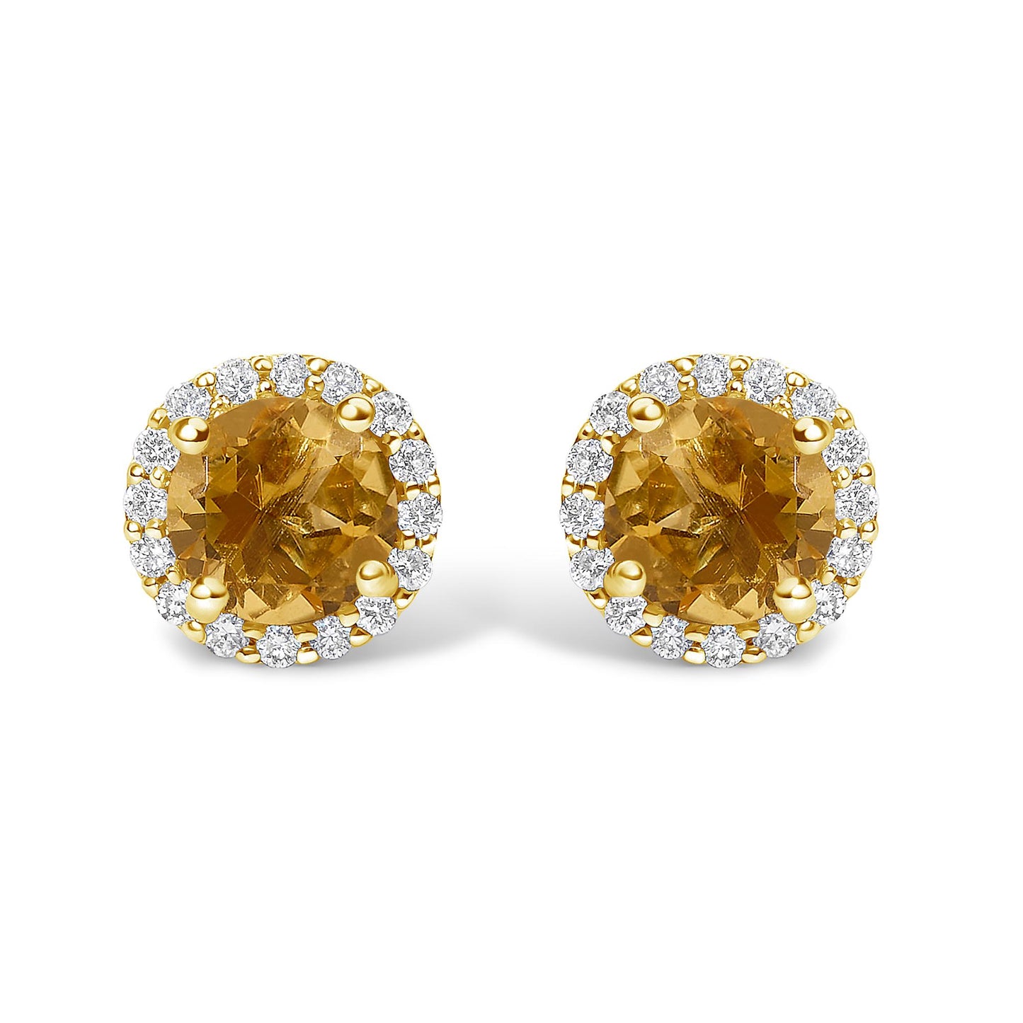 Pair of round stud earrings with large orange gemstones in the center, each surrounded by a circle of small white gemstones, shown from the front on a white background.