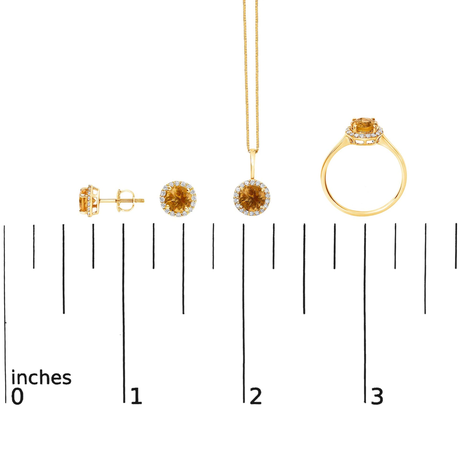 Set of yellow metal jewelry including round orange gemstone stud earrings, a matching pendant on a chain, and a ring shown on a scale from a front and side angle. Each piece is surrounded by small white gemstones in shared prong settings.