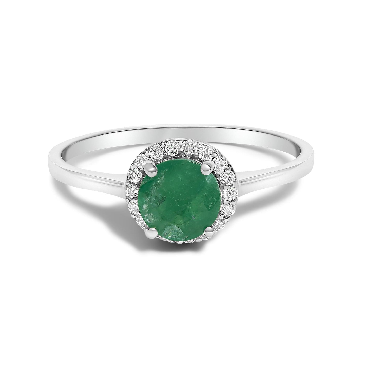 Close-up front angle of a white metal ring with a round green gemstone center surrounded by smaller round white gemstones in a shared prong setting.