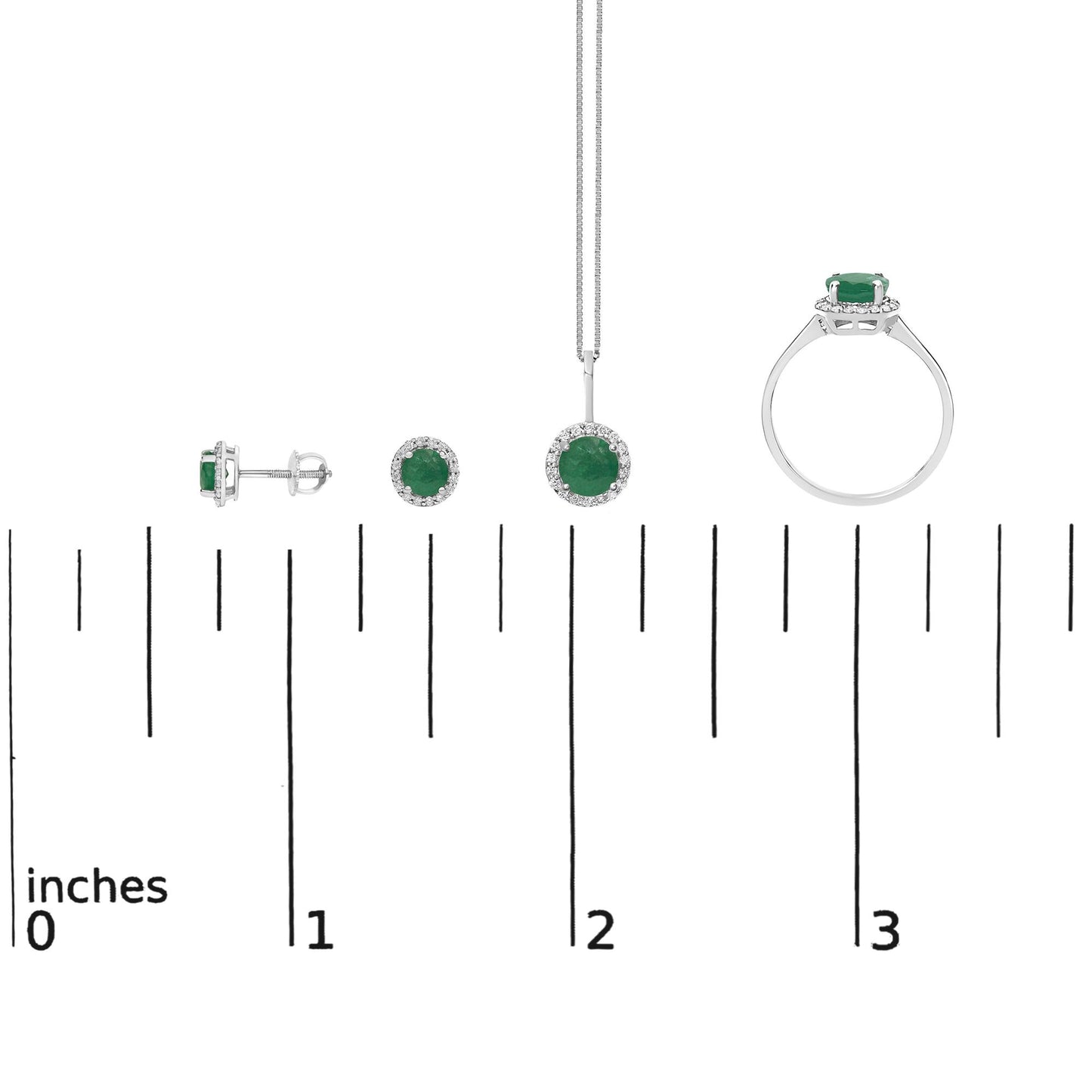 Set of white metal jewelry shown on a scale, including a pair of stud earrings, a pendant necklace, and a ring, each featuring a round green gemstone surrounded by small white gemstones, displayed in a front and side view with a white background.
