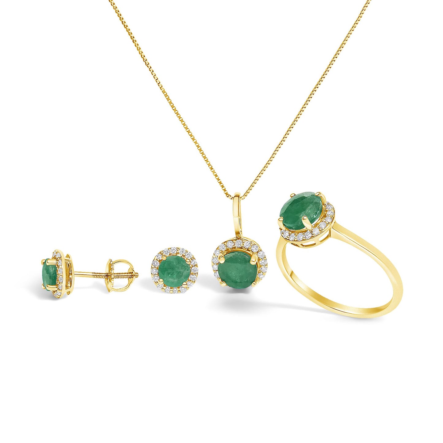 Set of jewelry shown on a white background from a front angle, featuring a necklace with a pendant, a ring, and a pair of stud earrings. Each piece has a central round green gemstone surrounded by smaller white gemstones in a shared prong setting, all set in yellow-colored metal.