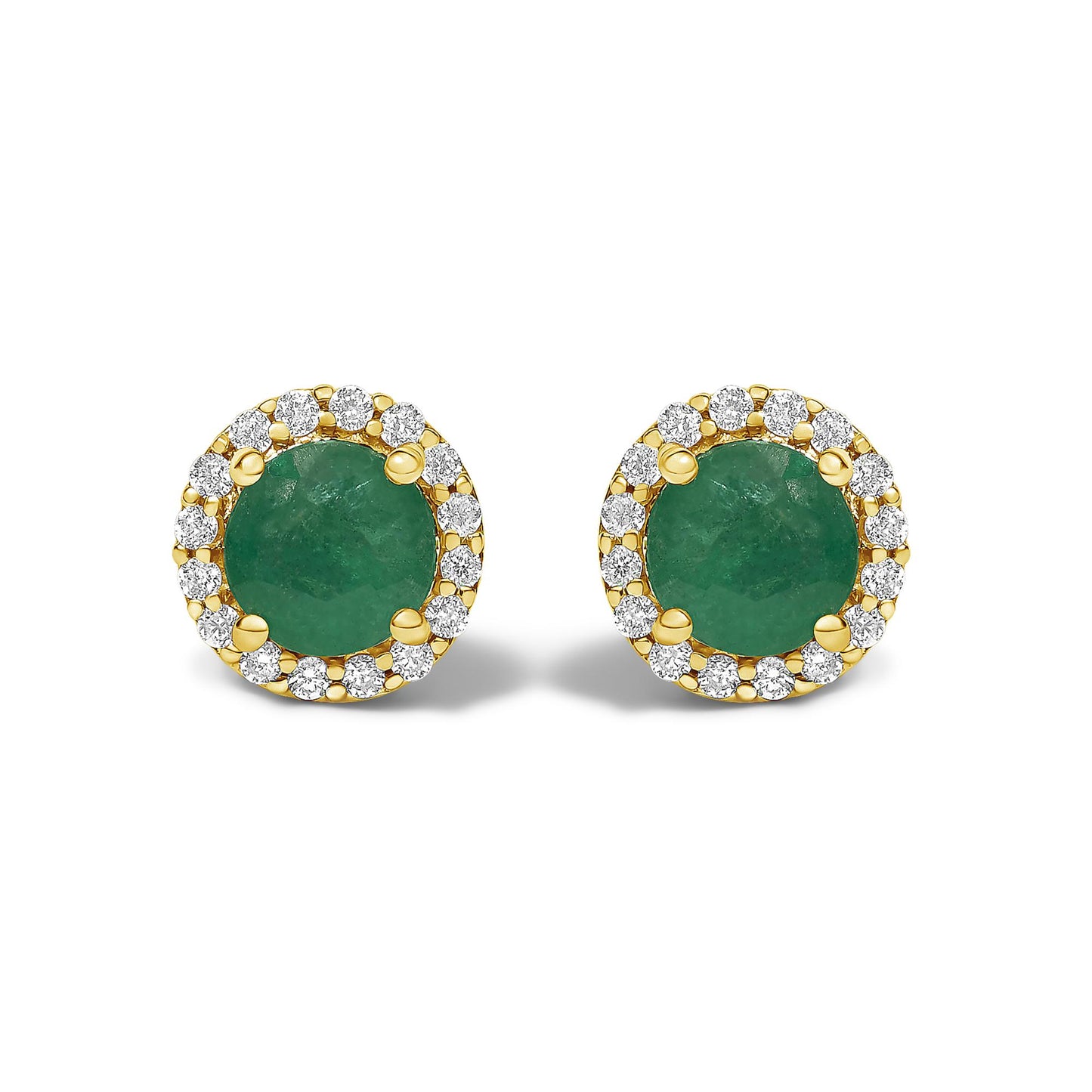 Front view of a pair of round stud earrings with green gemstones center surrounded by white gemstones in shared prong settings, set in yellow metal, shown on a white background.