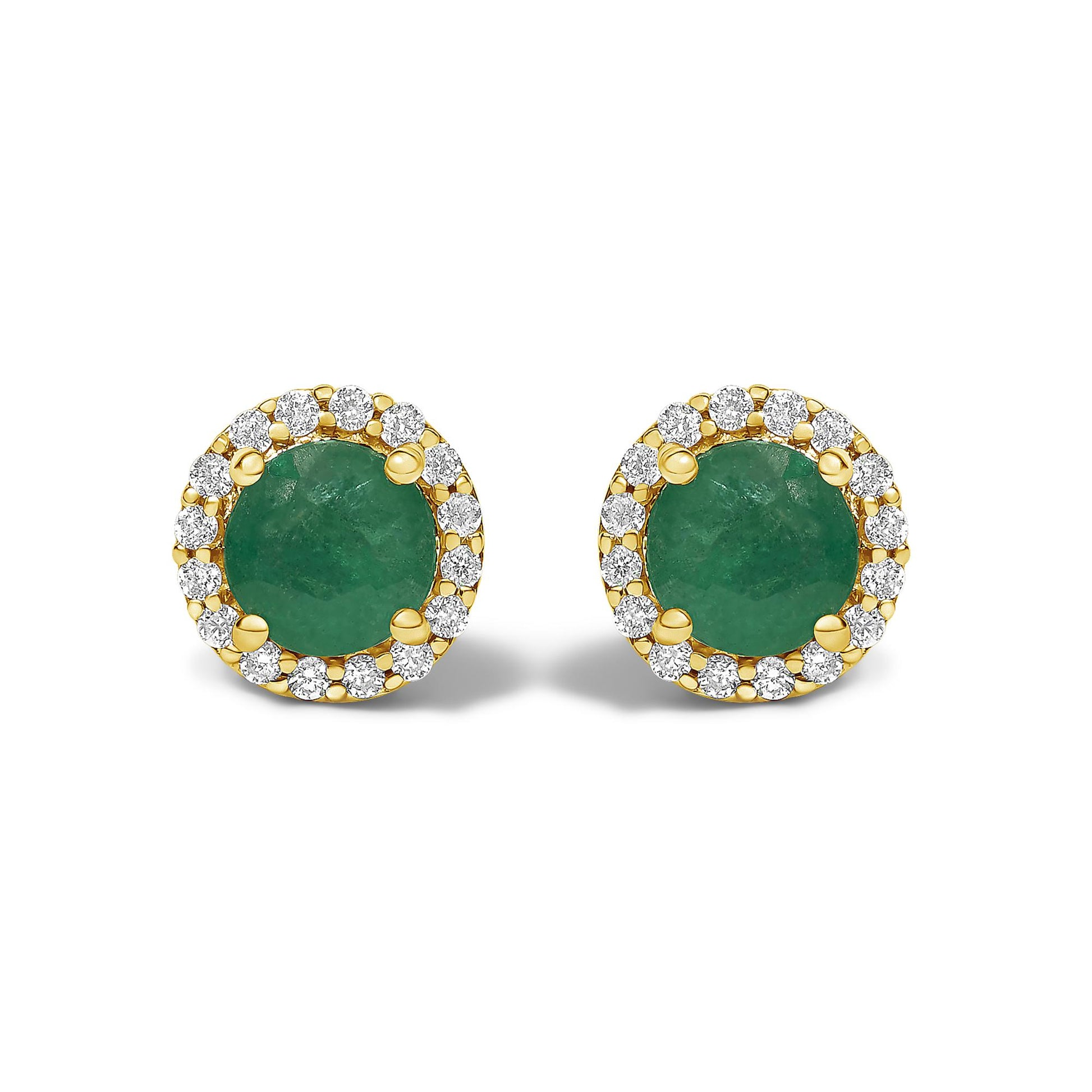 Front view of a pair of round stud earrings with green gemstones center surrounded by white gemstones in shared prong settings, set in yellow metal, shown on a white background.