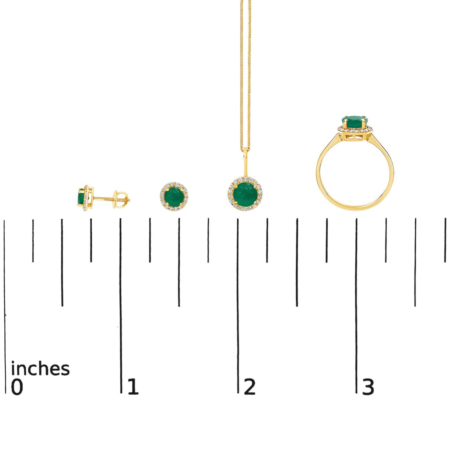 Jewelry set shown on a scale, including round green gemstone stud earrings, a round green gemstone pendant necklace, and a round green gemstone ring, all surrounded by small white gemstones, photographed from the front at a straight angle.