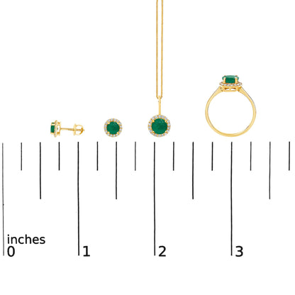 Jewelry set shown on a scale, including round green gemstone stud earrings, a round green gemstone pendant necklace, and a round green gemstone ring, all surrounded by small white gemstones, photographed from the front at a straight angle.