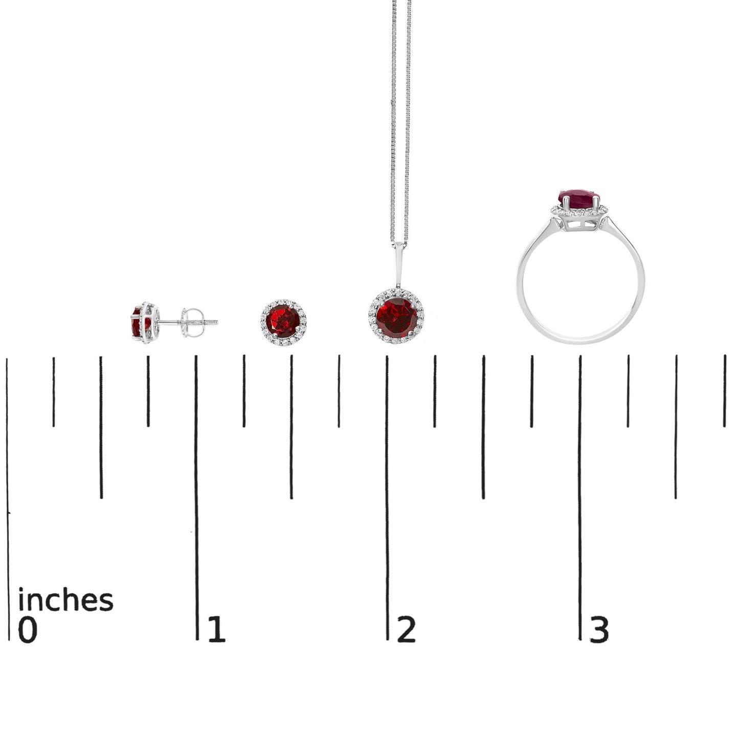 Set of white metal jewelry shown on a scale including a ring, a pendant necklace, and a pair of stud earrings, each featuring a round red gemstone surrounded by small round white gemstones, side and front views visible, shot from the front.