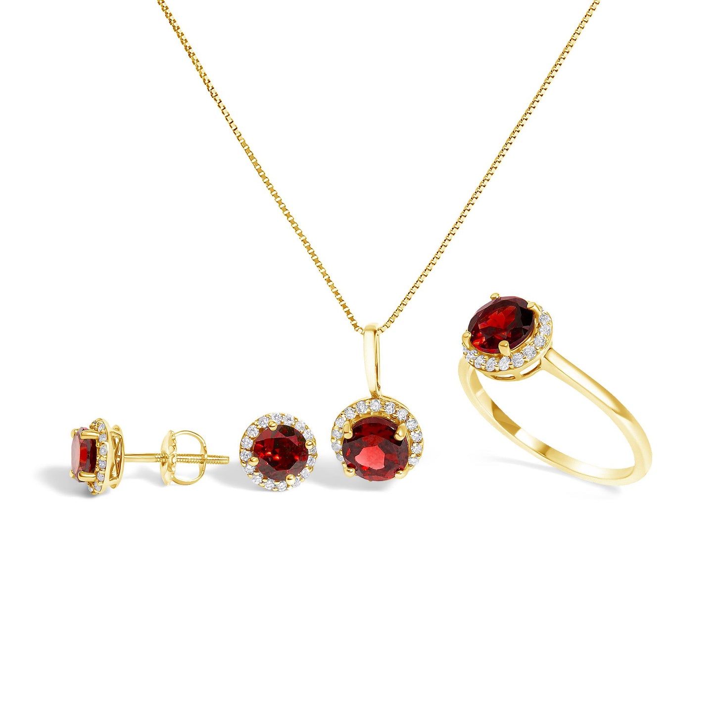 Set of yellow jewelry including a ring, necklace pendant on a chain, and pair of stud earrings, all featuring round red gemstones surrounded by white gemstones in shared prong settings, shown from a front and slight side angle on a white background.
