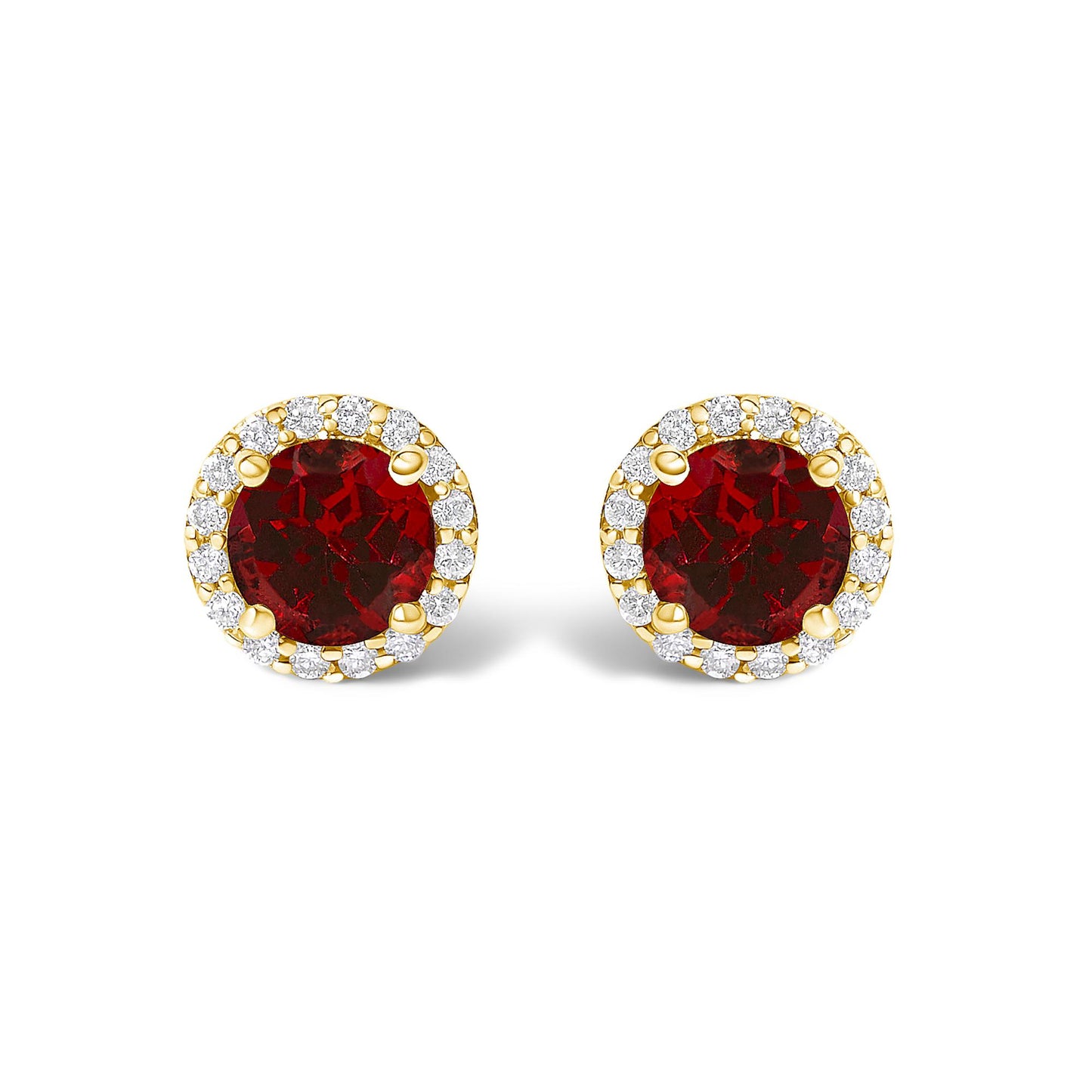 Front-facing view of yellow metal stud earrings featuring round red gemstones surrounded by a halo of round white gemstones in shared prong settings, shown on a white background.