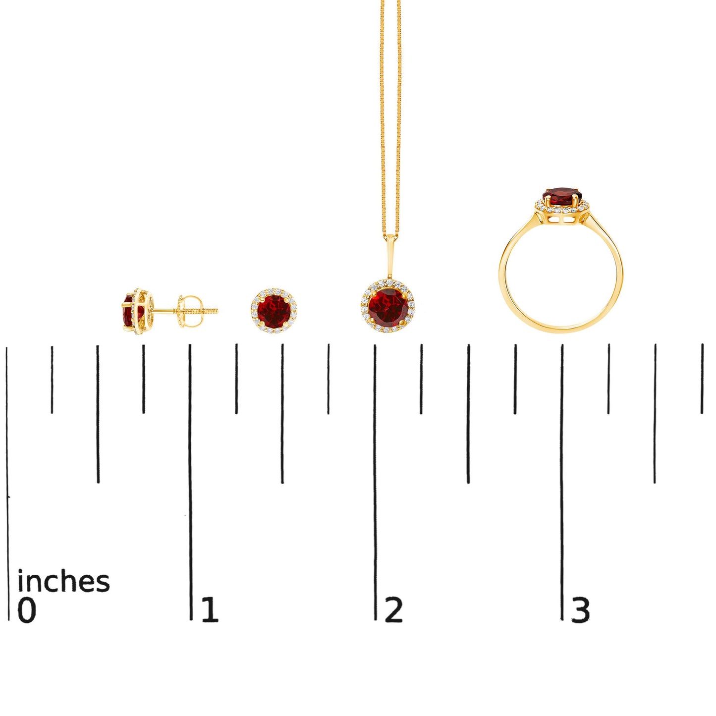 Set of yellow metal jewelry shown on a scale, including a pair of round red gemstone stud earrings with white gemstones surrounding, a matching pendant with a chain, and a ring with a round red gemstone center and surrounding white gemstones, displayed from a side and front angle.