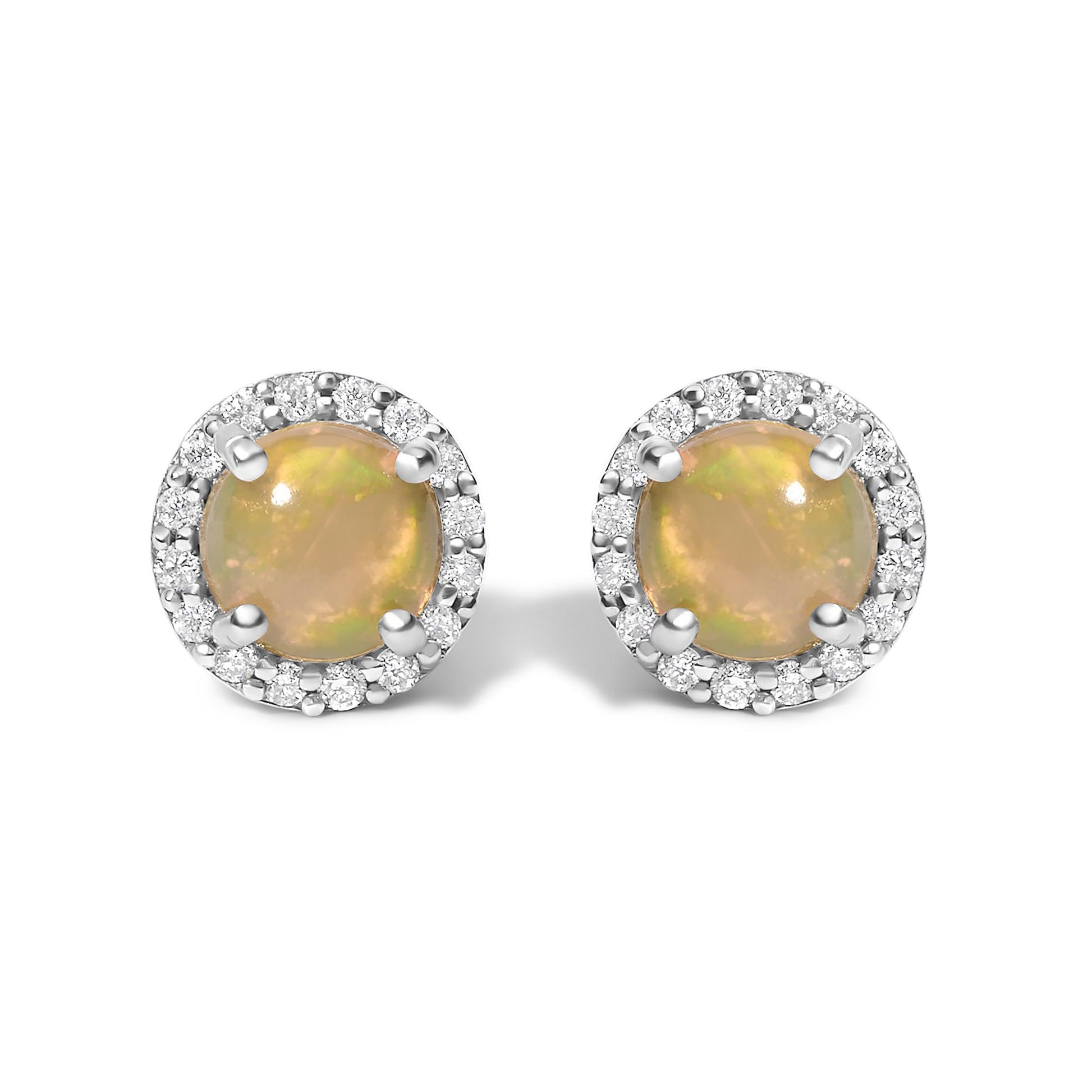 Pair of round stud earrings with multi-color round opal gemstones center, surrounded by small white round gemstones in shared prong setting, shown in a front-facing angle on a white background.