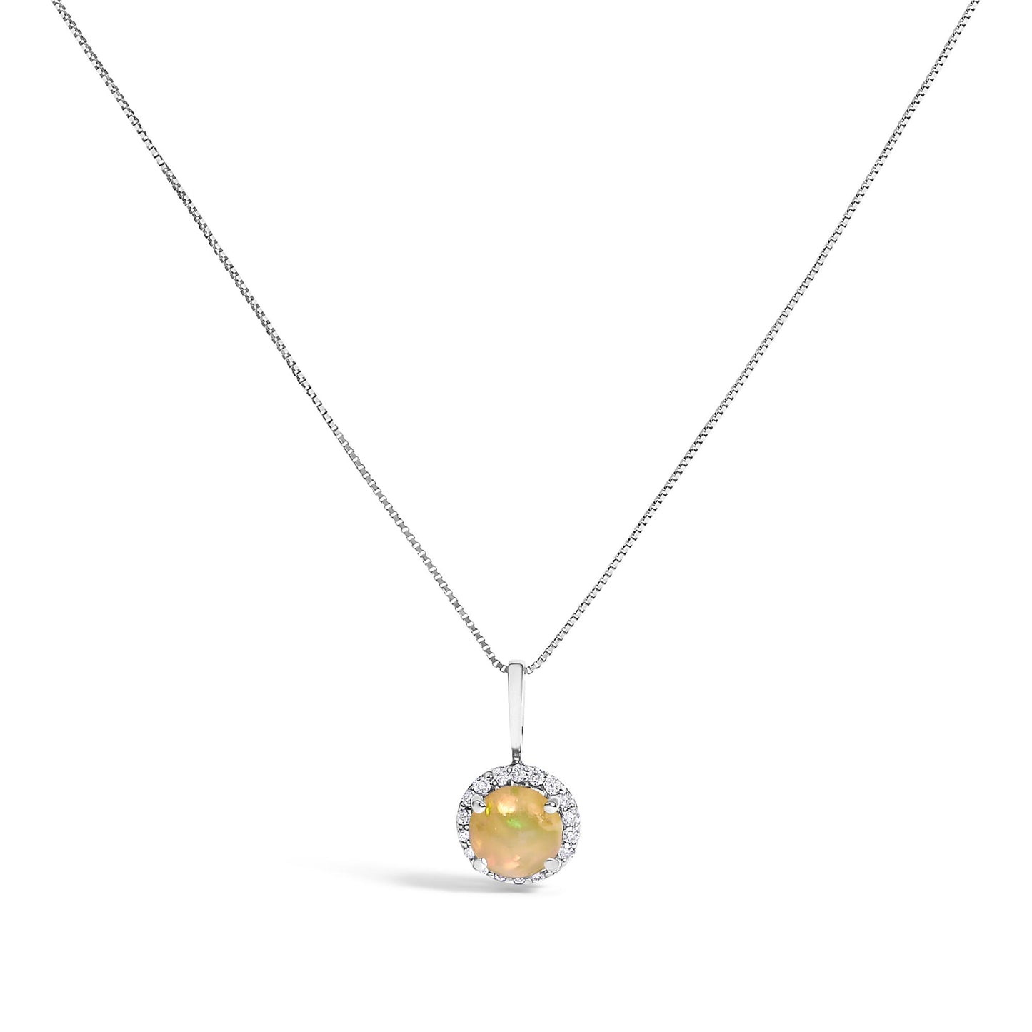 White metal necklace set with a round multi-color opal gemstone pendant surrounded by a halo of small round white gemstones in a shared prong setting, shown in a front-facing angle.