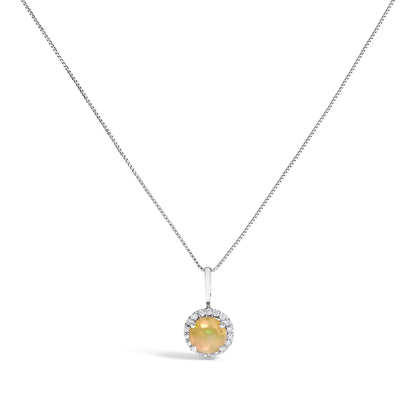 White metal necklace set with a round multi-color opal gemstone pendant surrounded by a halo of small round white gemstones in a shared prong setting, shown in a front-facing angle.